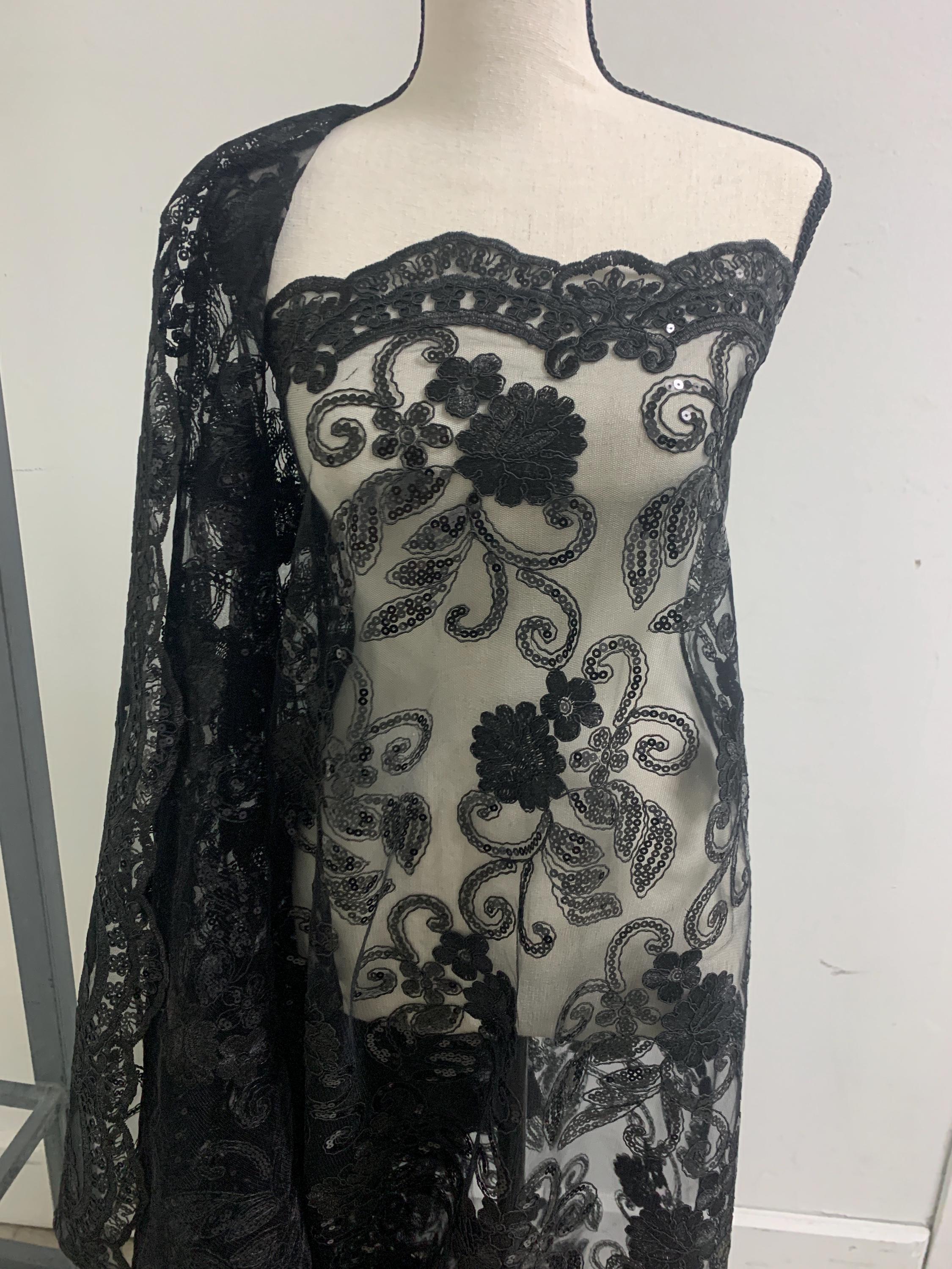 Lace Black fabric Design Lexie, sequins embroidery double scalloped width 49/50".