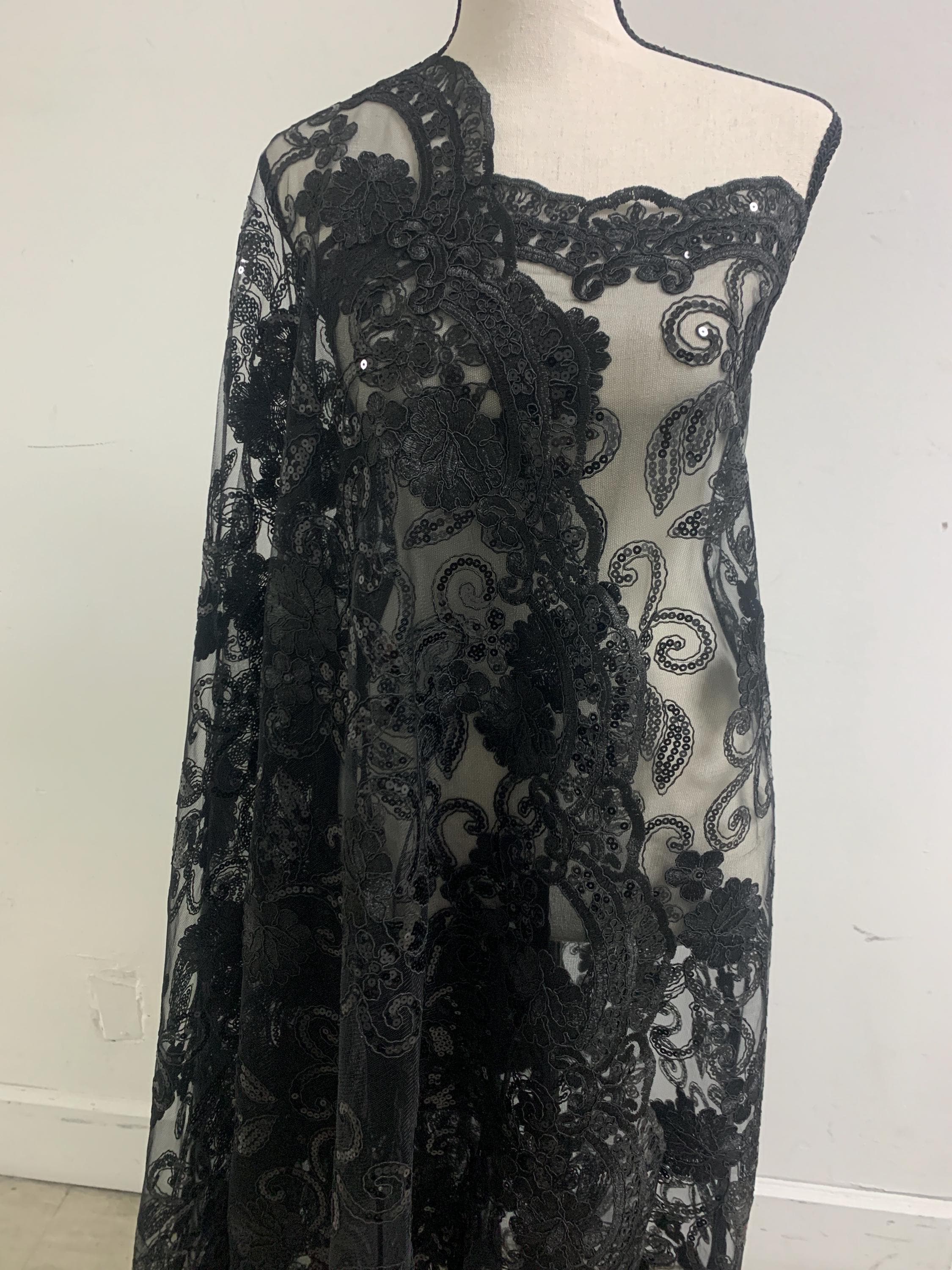 Lace Black fabric Design Lexie, sequins embroidery double scalloped width 49/50".