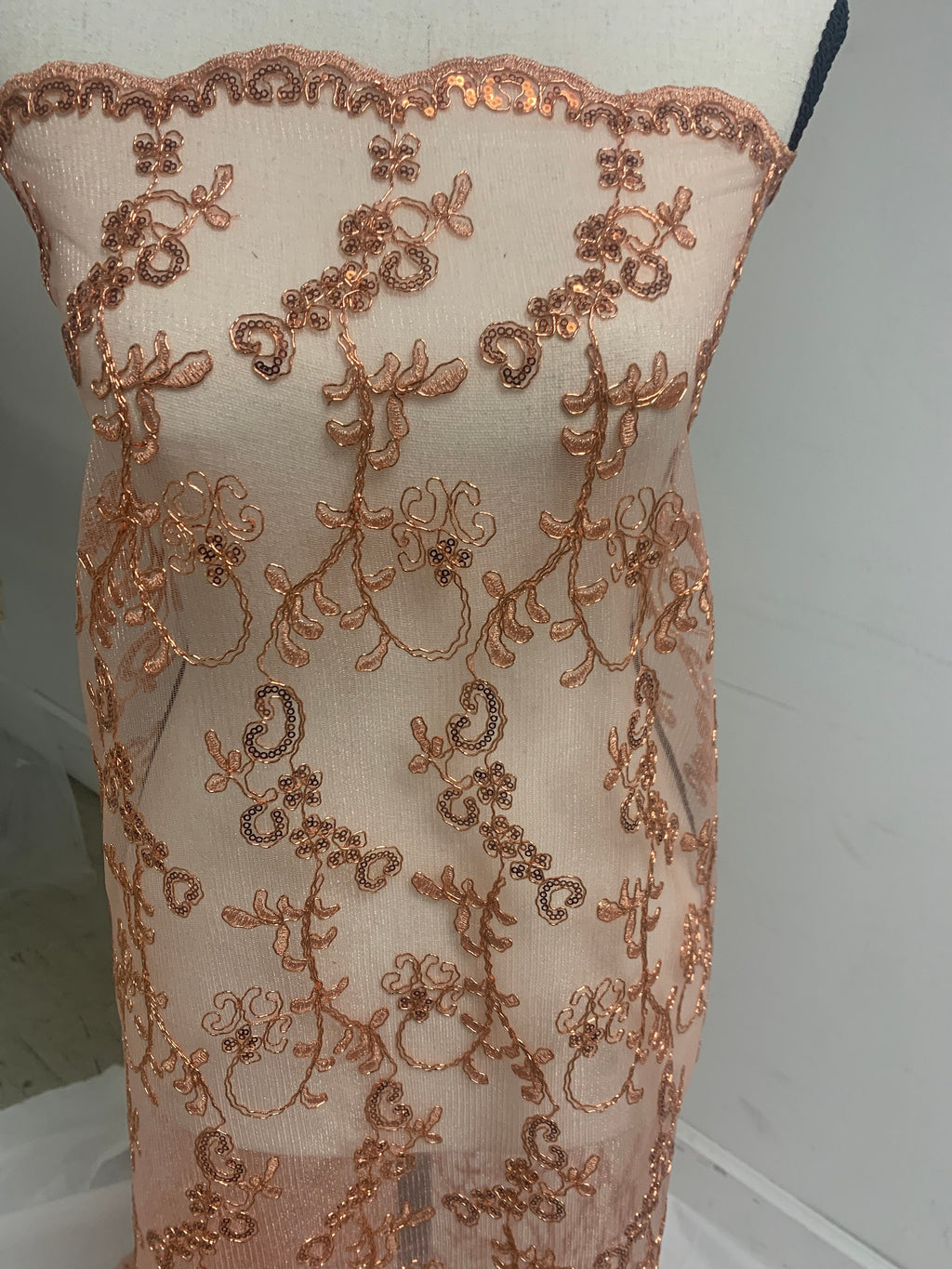 3 yards cut lace coral design bt1100, Lace Double scalloped sequins Embroidery width 49/50"