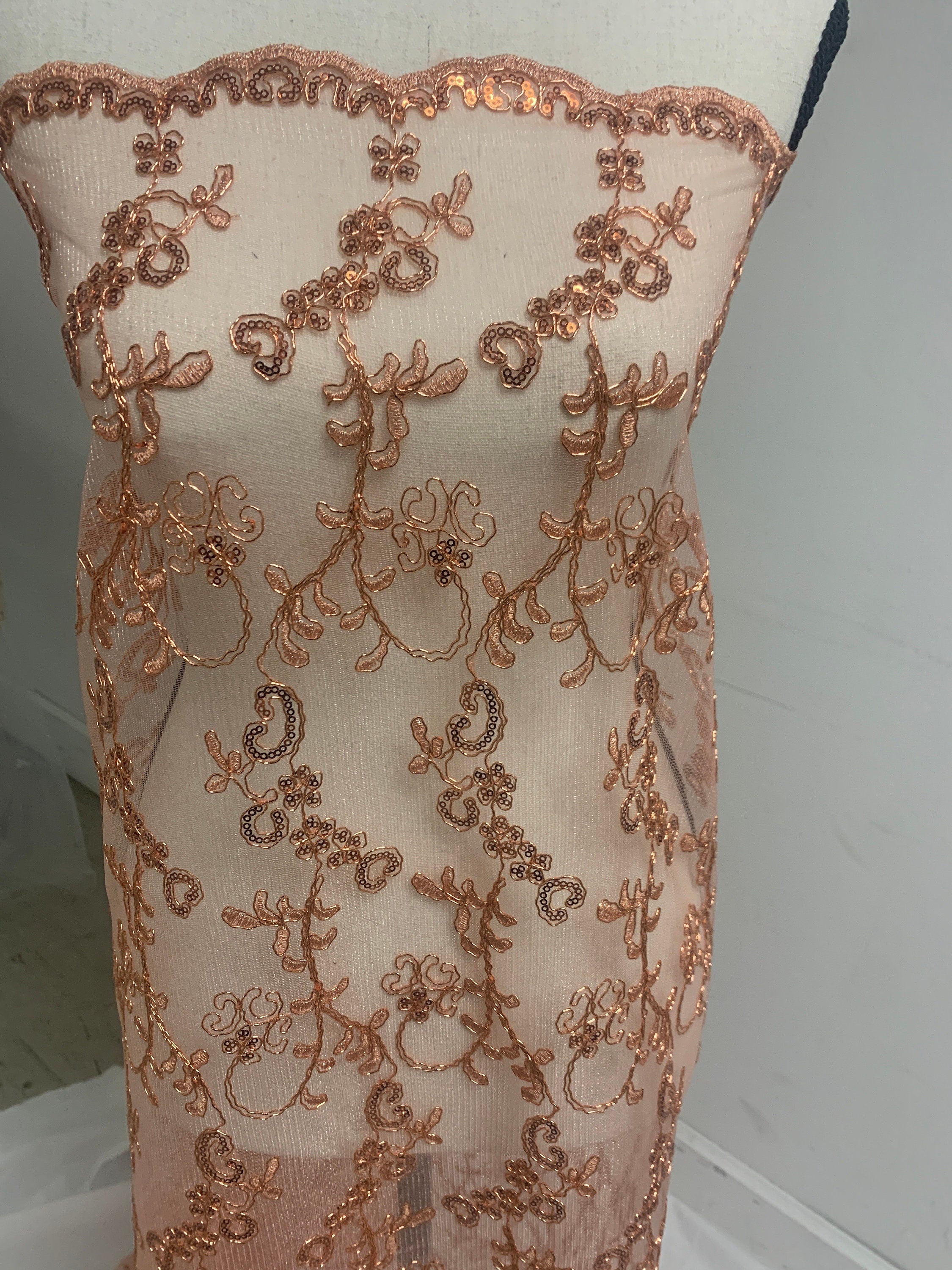 3 yards cut lace coral design bt1100, Lace Double scalloped sequins Embroidery width 49/50"