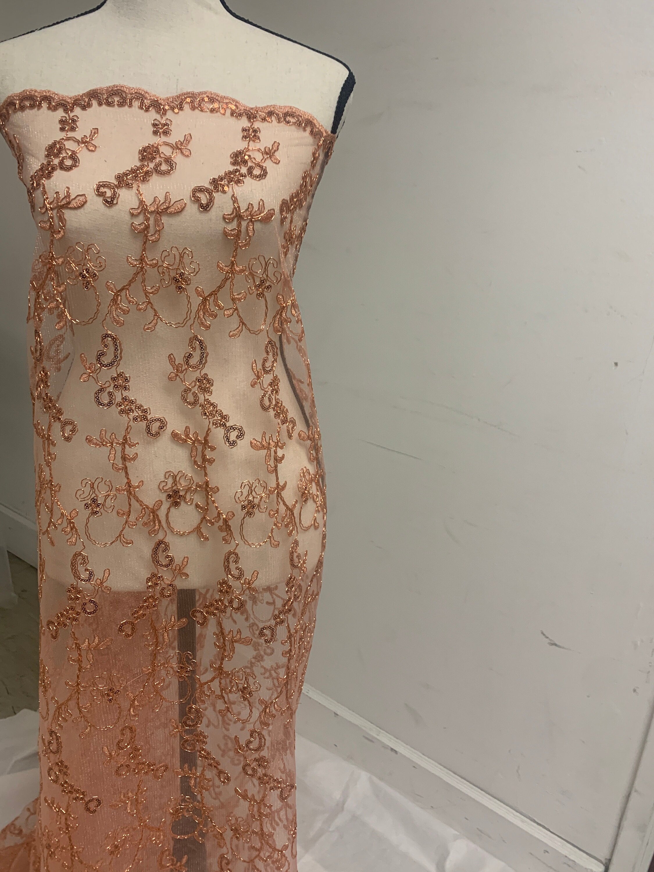 3 yards cut lace coral design bt1100, Lace Double scalloped sequins Embroidery width 49/50"