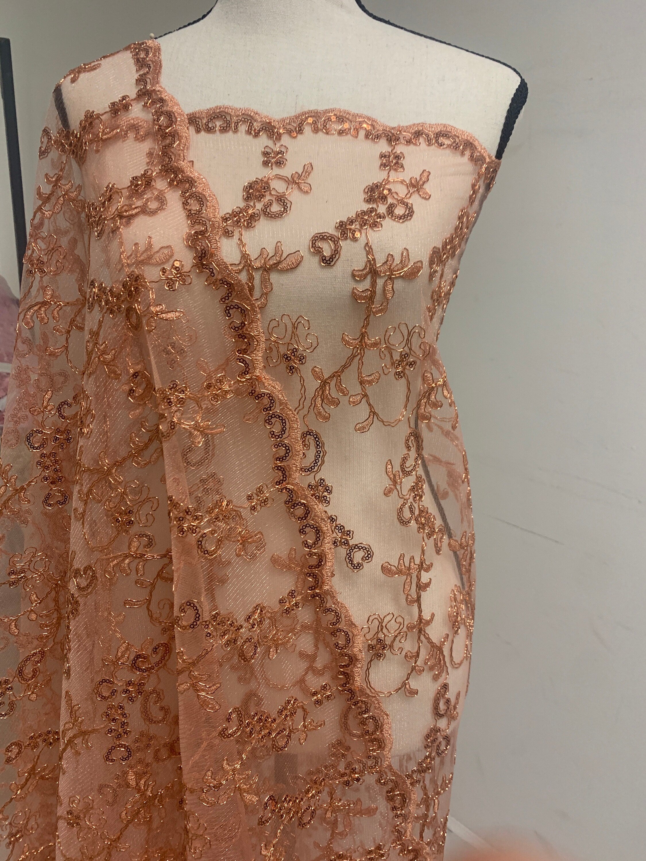 3 yards cut lace coral design bt1100, Lace Double scalloped sequins Embroidery width 49/50"
