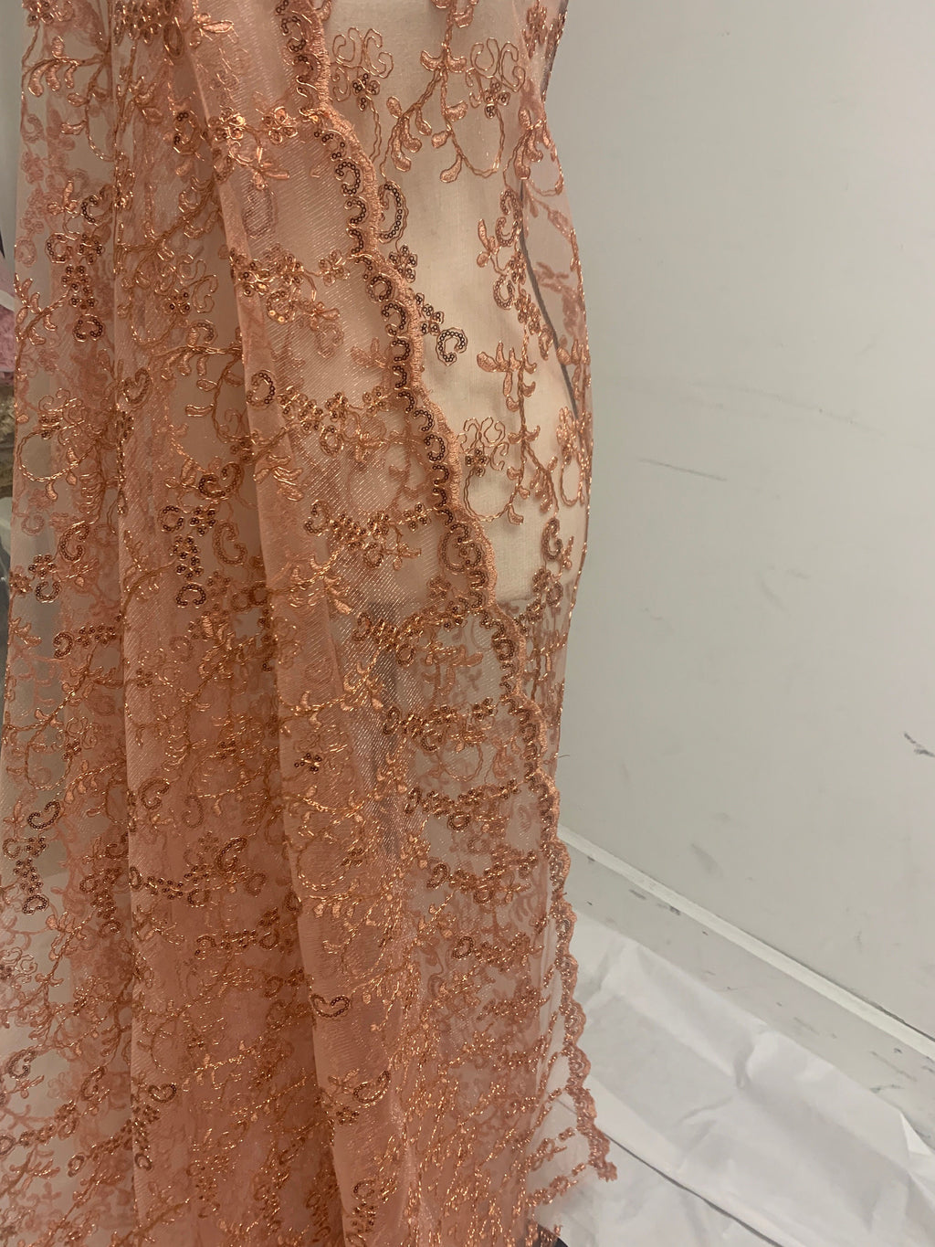 3 yards cut lace coral design bt1100, Lace Double scalloped sequins Embroidery width 49/50"