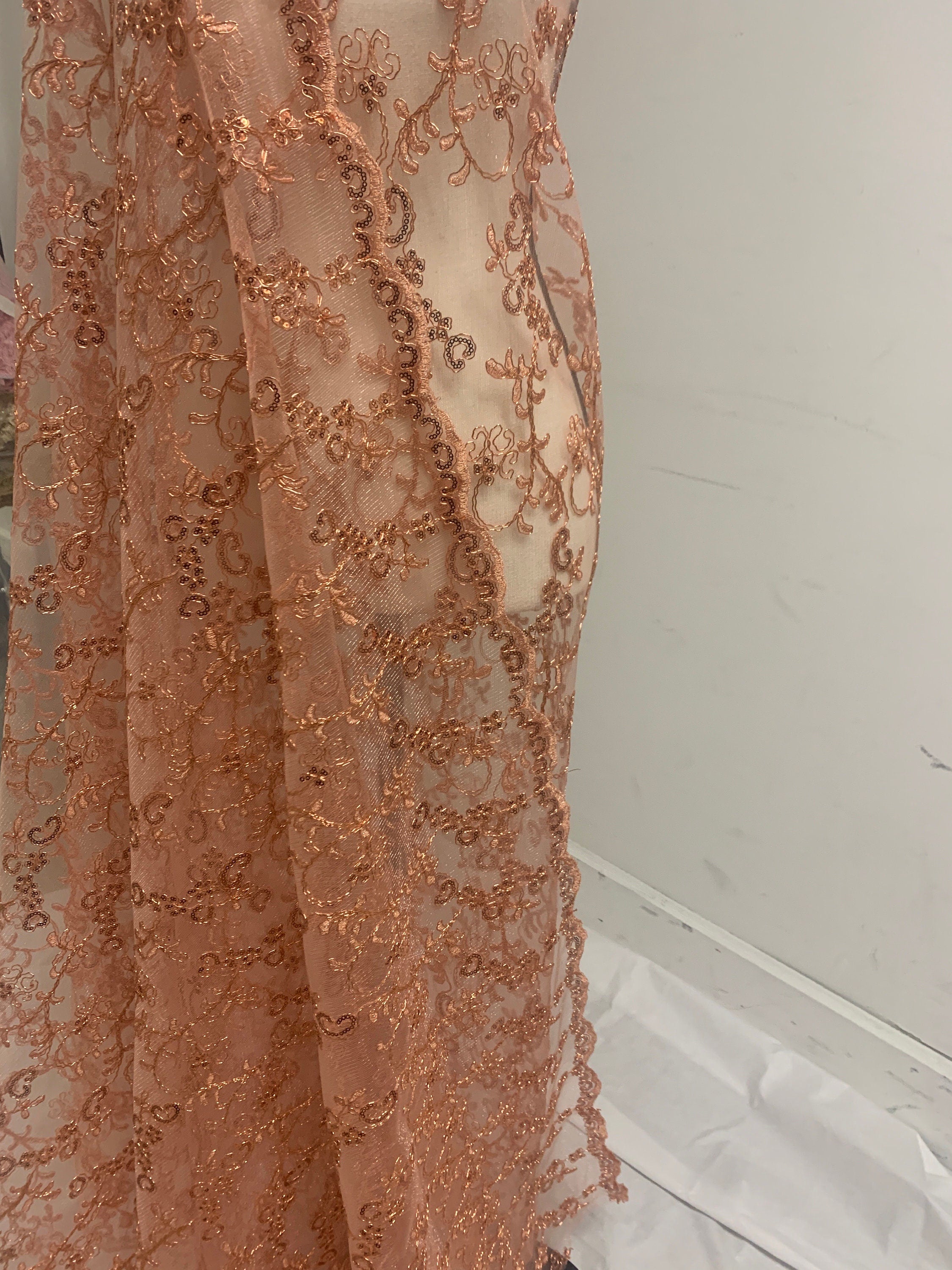 3 yards cut lace coral design bt1100, Lace Double scalloped sequins Embroidery width 49/50"