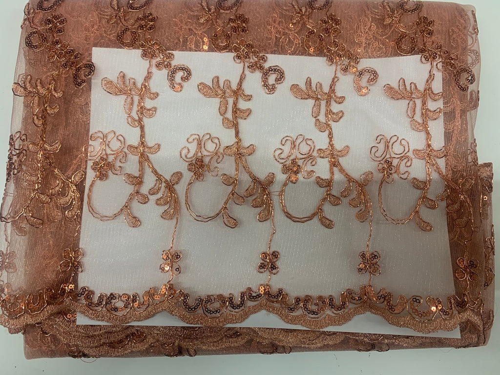 3 yards cut lace coral design bt1100, Lace Double scalloped sequins Embroidery width 49/50"