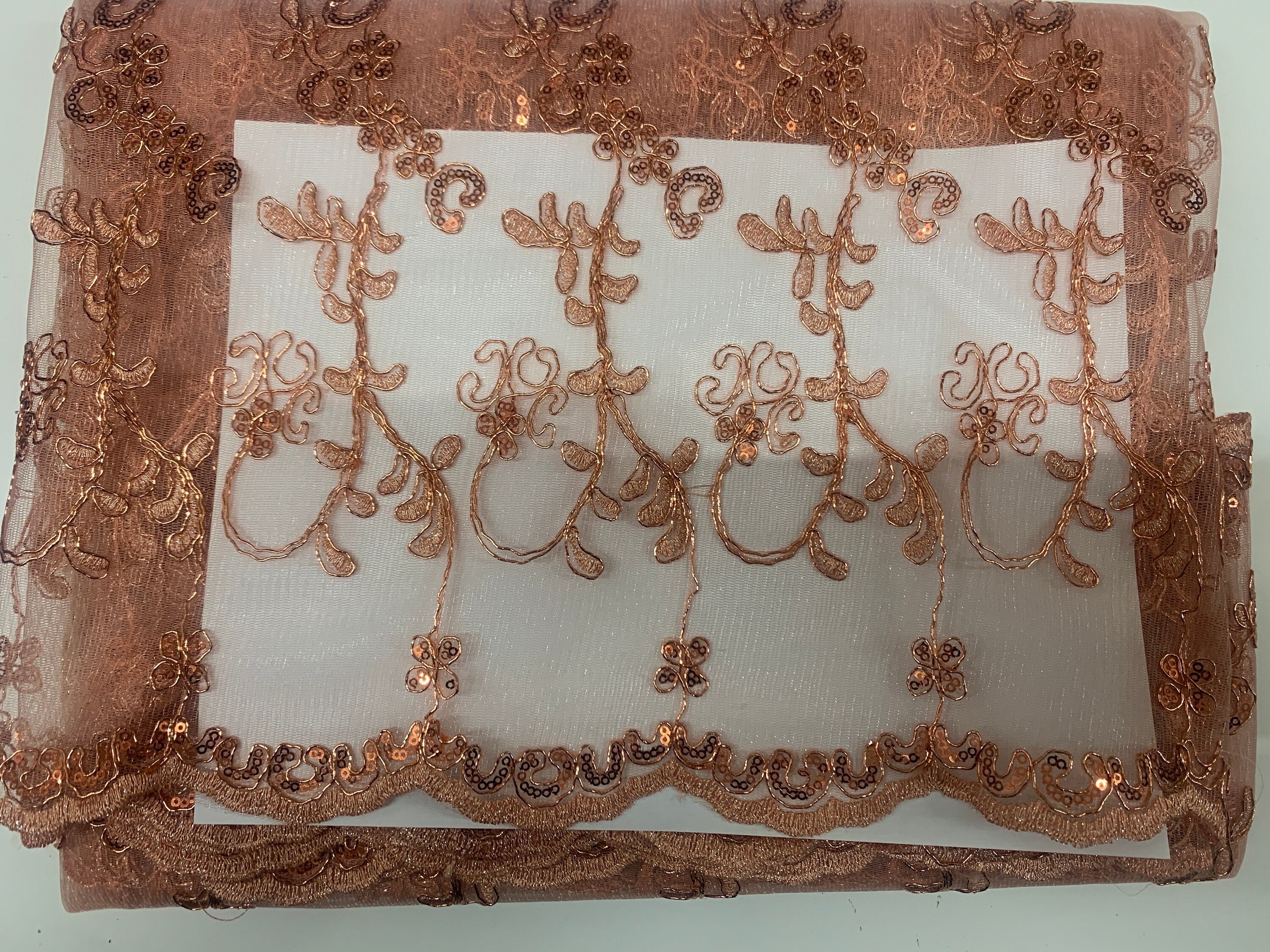 3 yards cut lace coral design bt1100, Lace Double scalloped sequins Embroidery width 49/50"