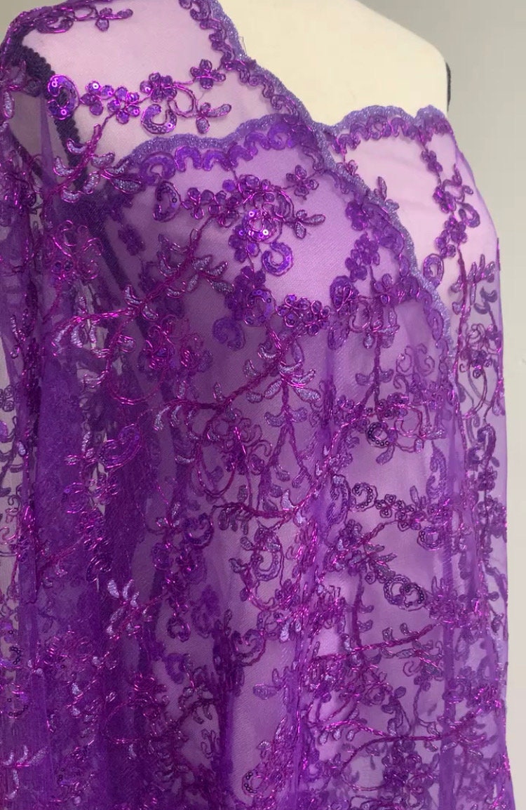 3 yards cut Purple Lace design bt1100, Lace Double scalloped sequins Embroidery width 49/50"