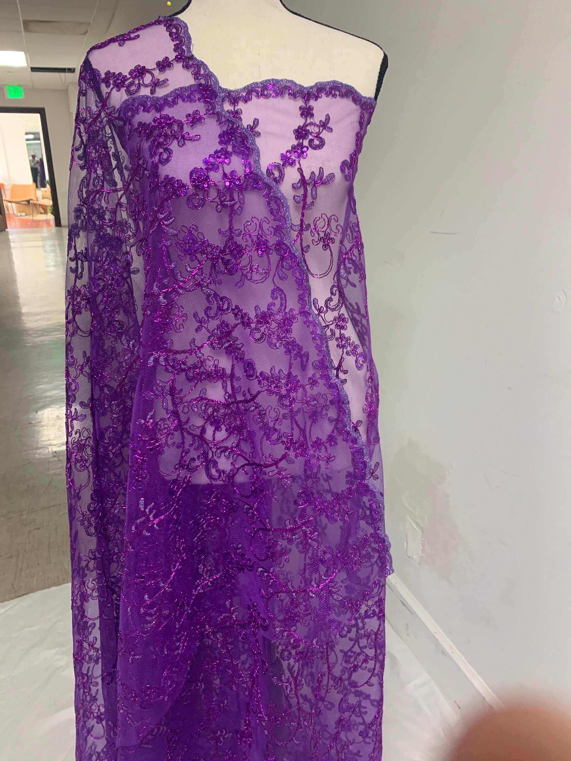 3 yards cut Purple Lace design bt1100, Lace Double scalloped sequins Embroidery width 49/50"