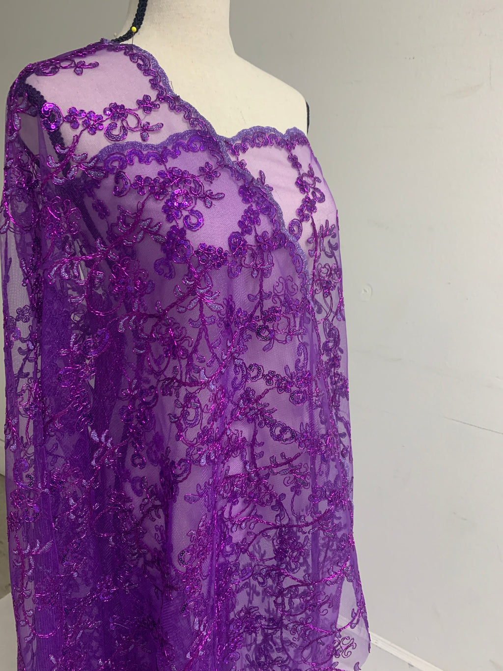 3 yards cut Purple Lace design bt1100, Lace Double scalloped sequins Embroidery width 49/50"