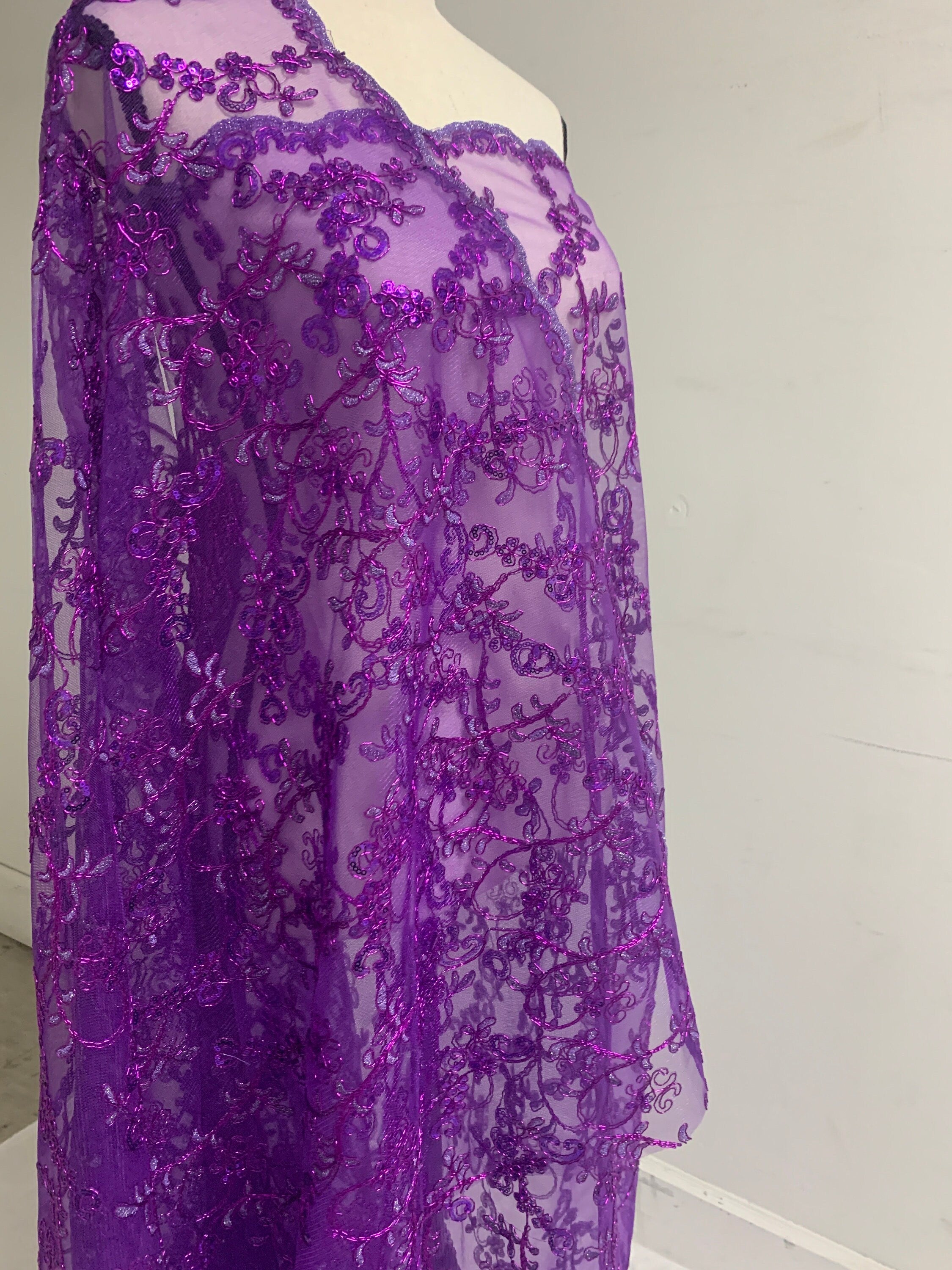 3 yards cut Purple Lace design bt1100, Lace Double scalloped sequins Embroidery width 49/50"