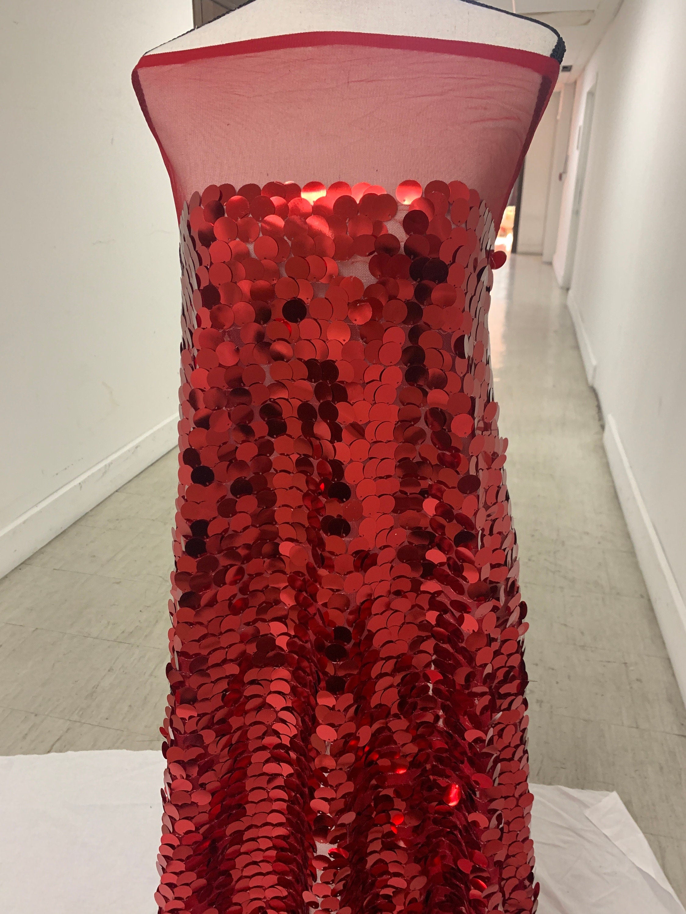 3 yards cut Red Sequins fabric.