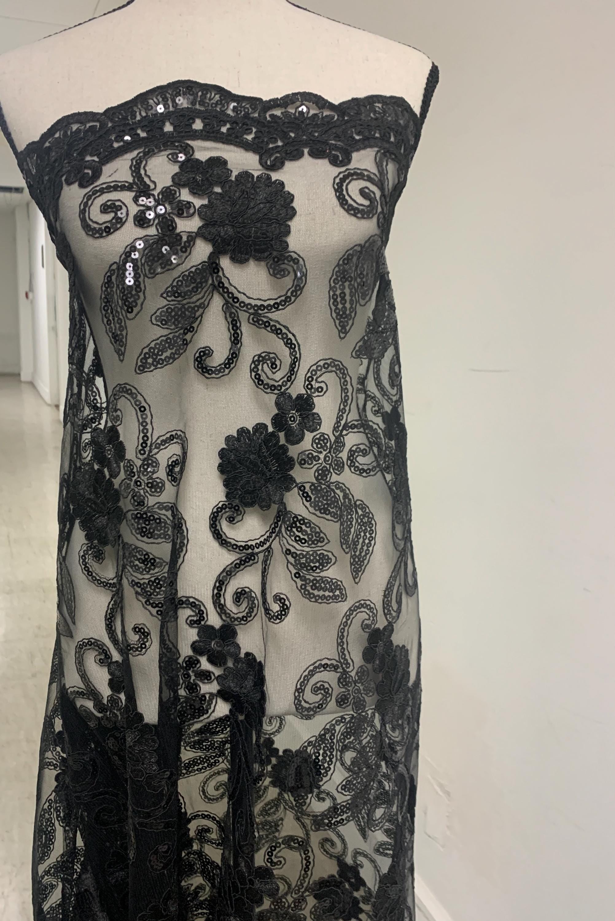 Lace Black fabric Design Lexie, sequins embroidery double scalloped width 49/50".