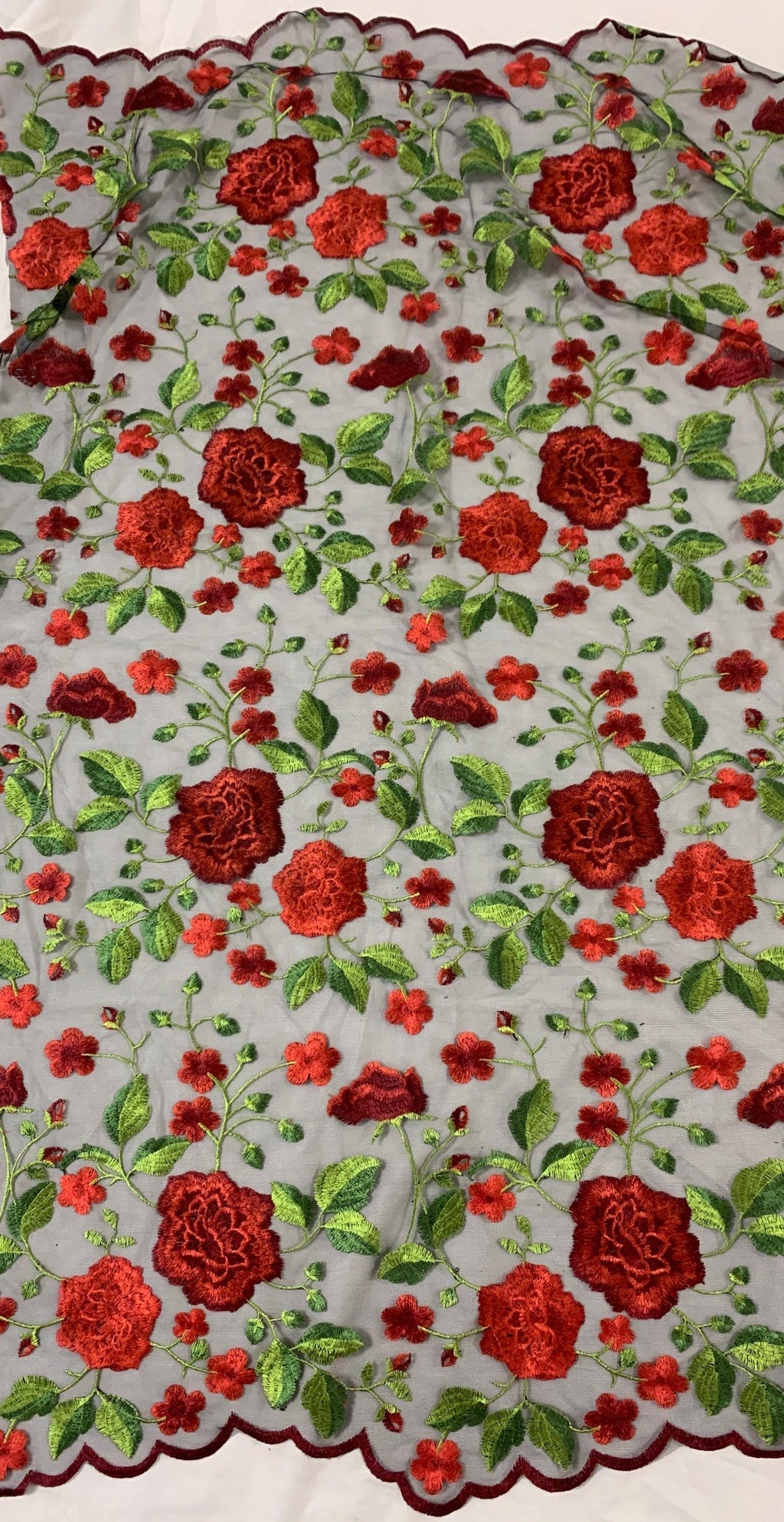 Floral Embroidery Mesh Lace, width 49/50" red rose embroidery on black mesh fabric, Sells in 1-yard increments, continuous.