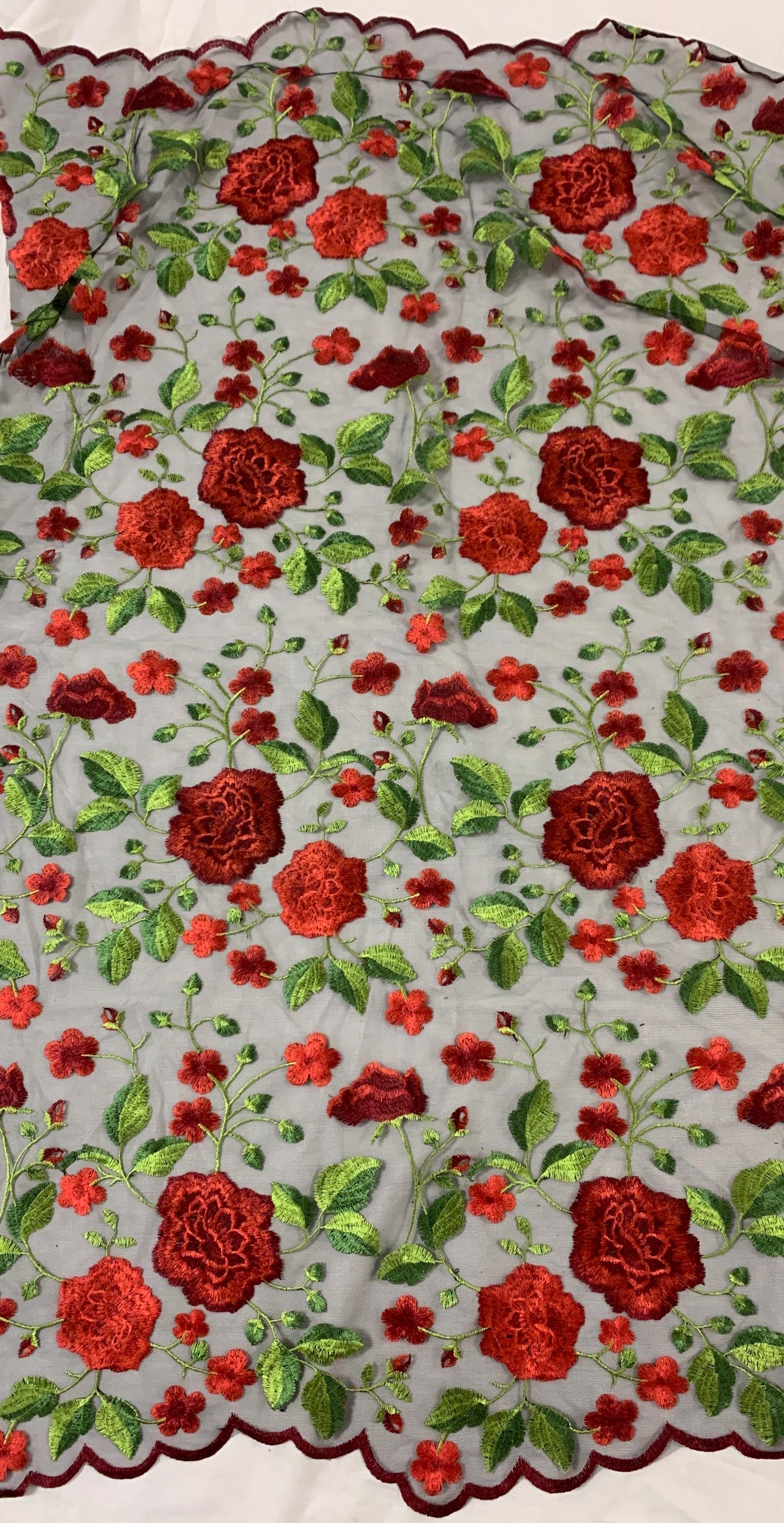 Floral Embroidery Mesh Lace, width 49/50" red rose embroidery on black mesh fabric, Sells in 1-yard increments, continuous.