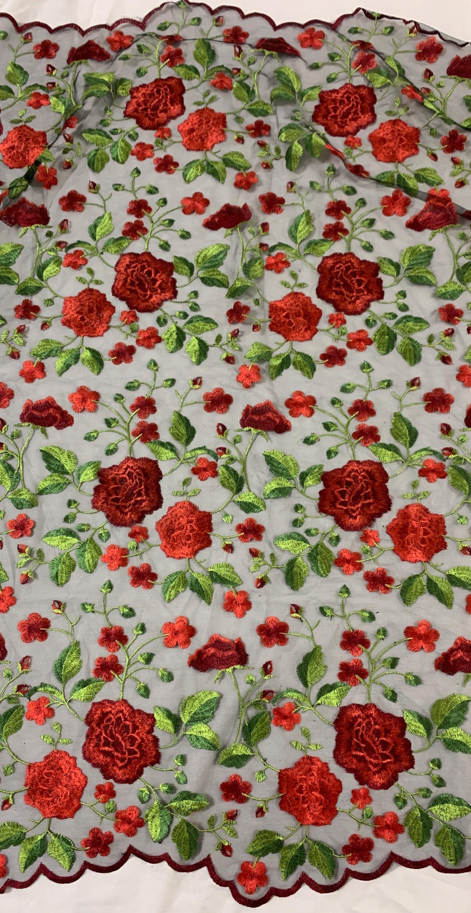 Floral Embroidery Mesh Lace, width 49/50" red rose embroidery on black mesh fabric, Sells in 1-yard increments, continuous.