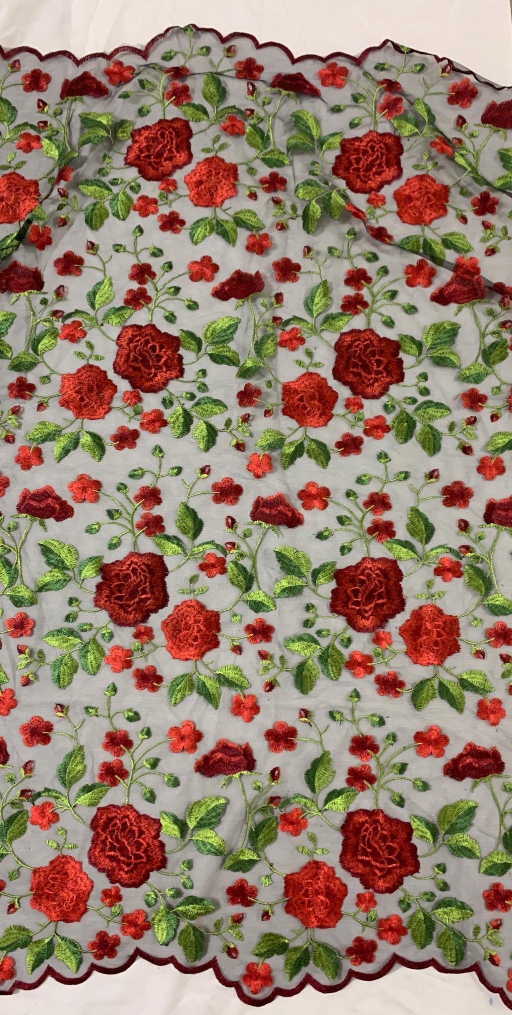Floral Embroidery Mesh Lace, width 49/50" red rose embroidery on black mesh fabric, Sells in 1-yard increments, continuous.