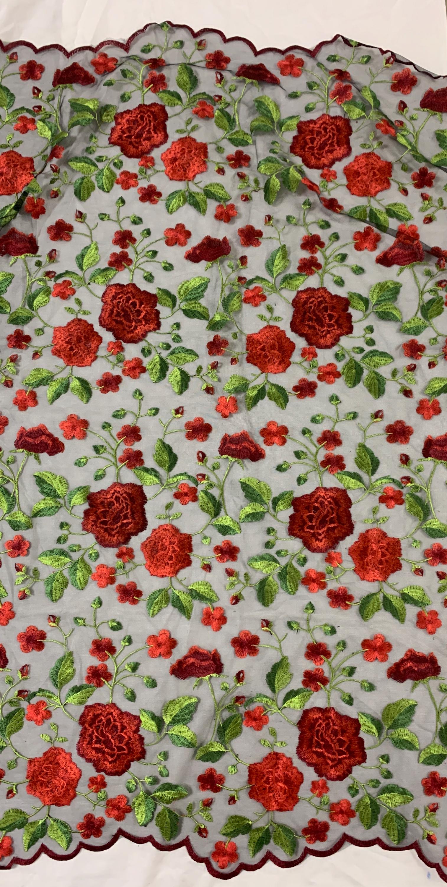 Floral Embroidery Mesh Lace, width 49/50" red rose embroidery on black mesh fabric, Sells in 1-yard increments, continuous.