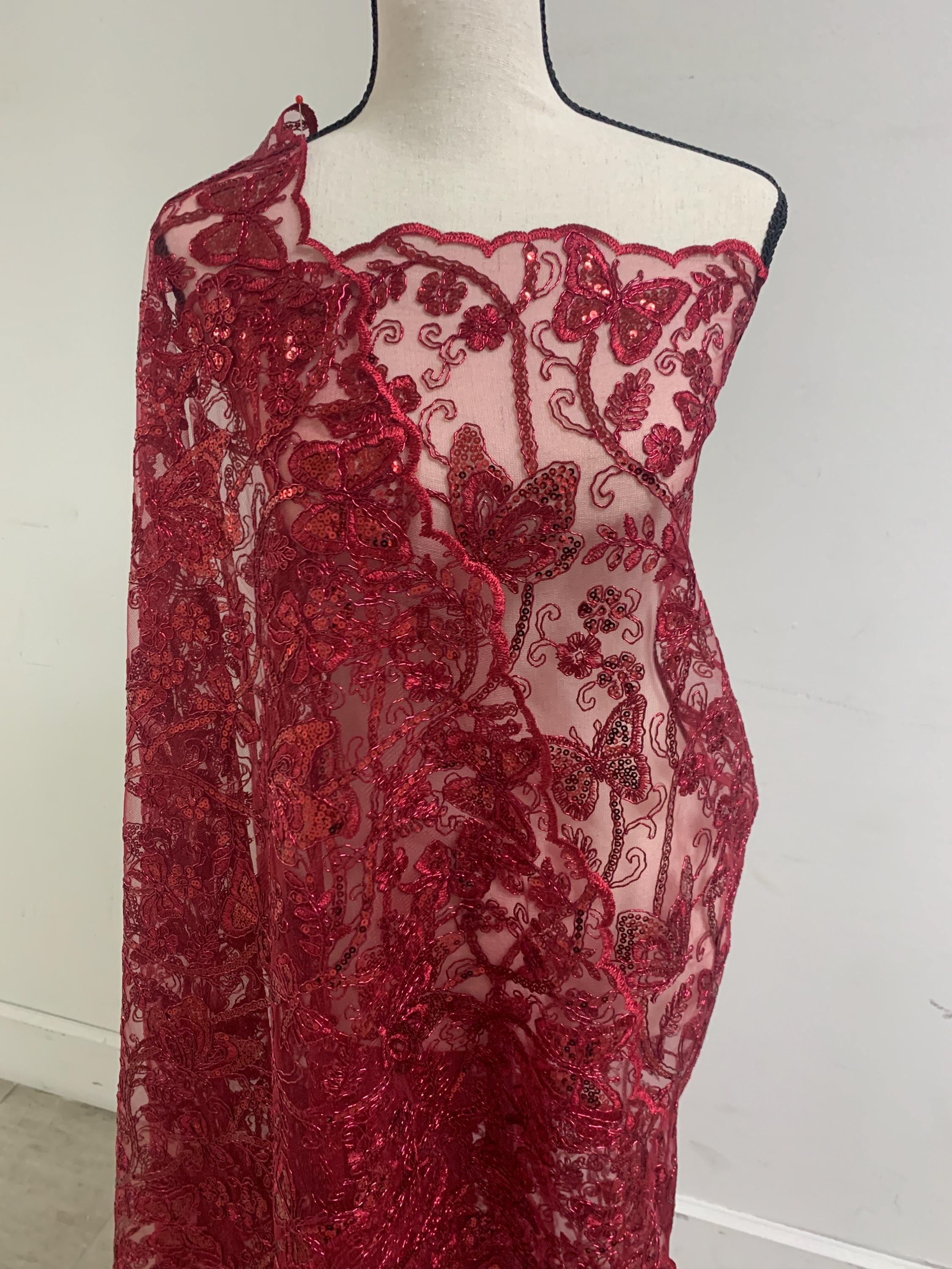 3 Yards Burgundy Lace fabric design Butterfly double scalloped sequins embroidery width 49/50".100% polyester.