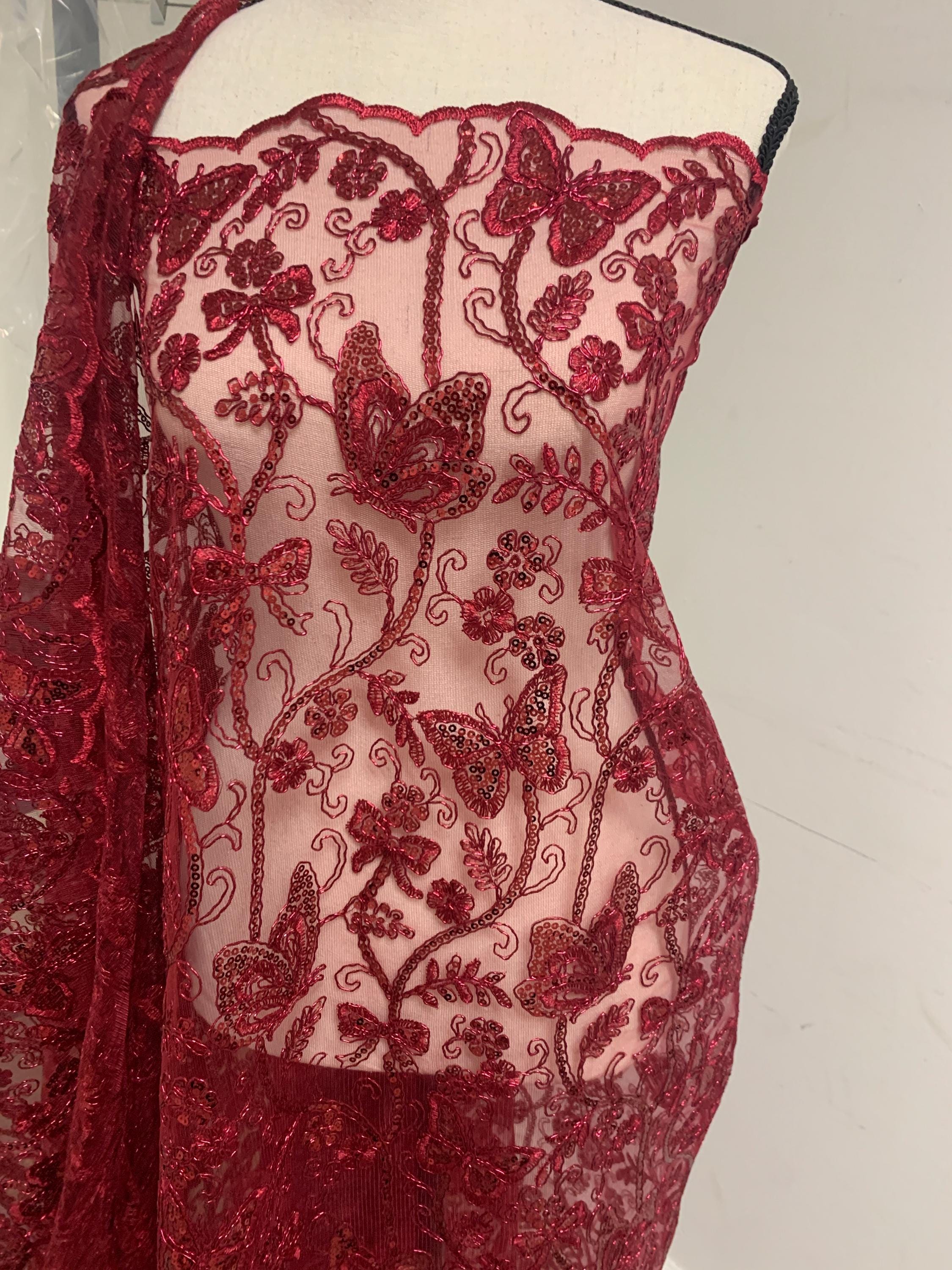 3 Yards Burgundy Lace fabric design Butterfly double scalloped sequins embroidery width 49/50".100% polyester.