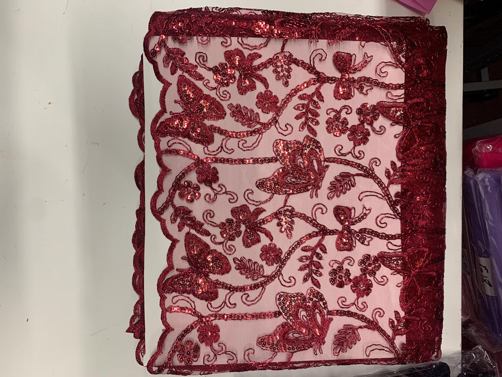 3 Yards Burgundy Lace fabric design Butterfly double scalloped sequins embroidery width 49/50".100% polyester.