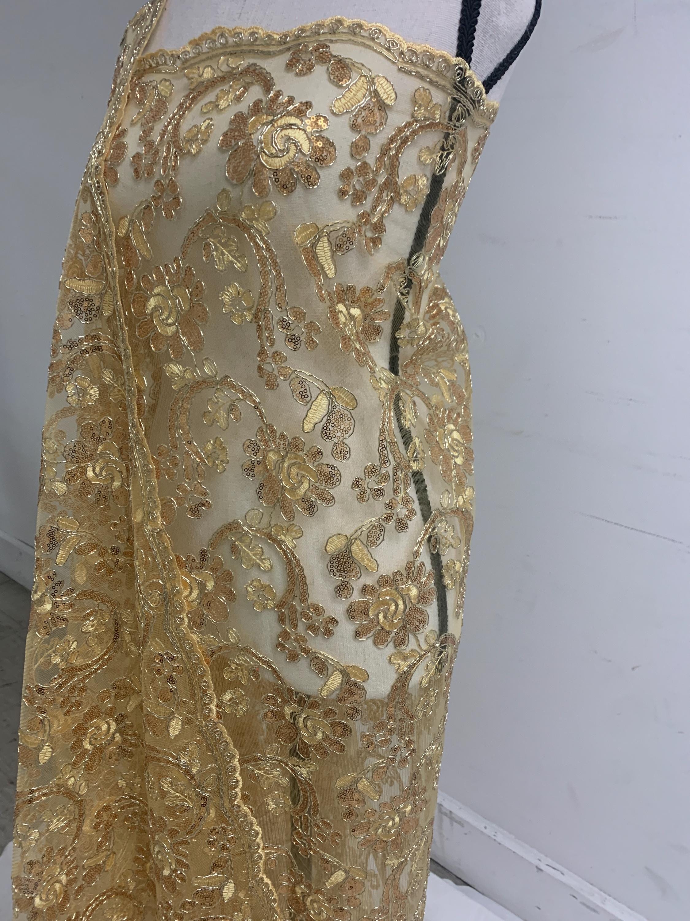 3-yard Gold-colored lace fabric design named Angela, sequins and intricate embroidery with double scalloped edges. Width 49/50"