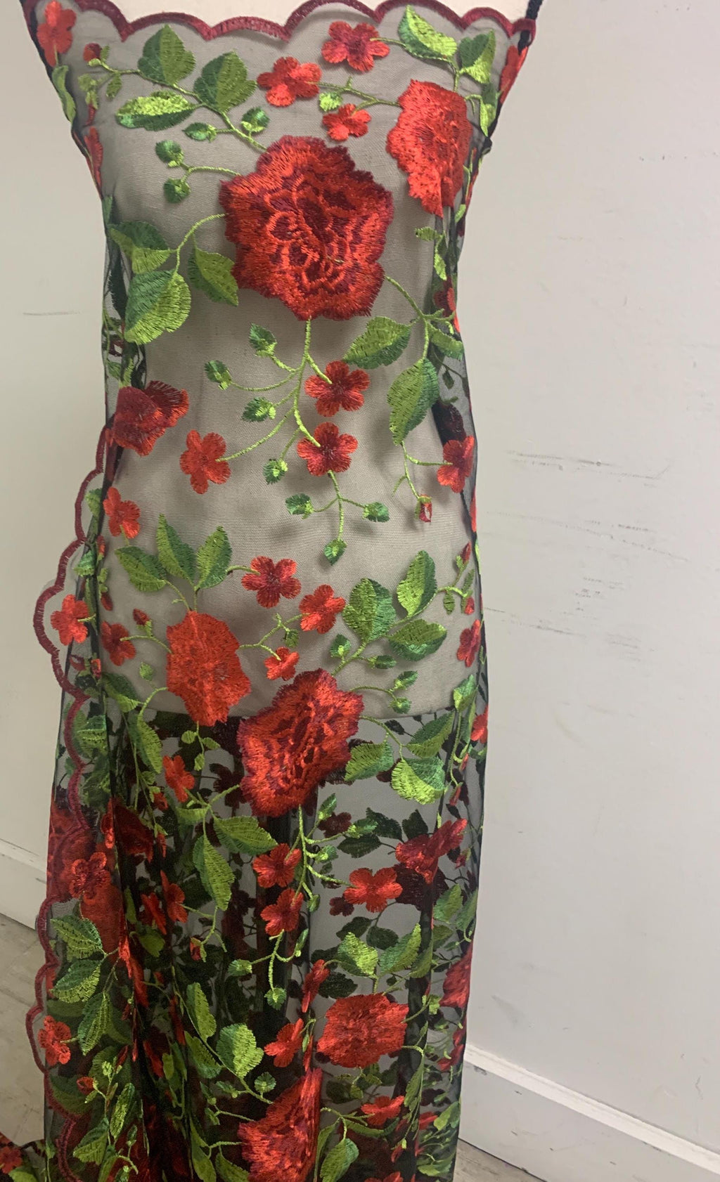 Floral Embroidery Mesh Lace, width 49/50" red rose embroidery on black mesh fabric, Sells in 1-yard increments, continuous.