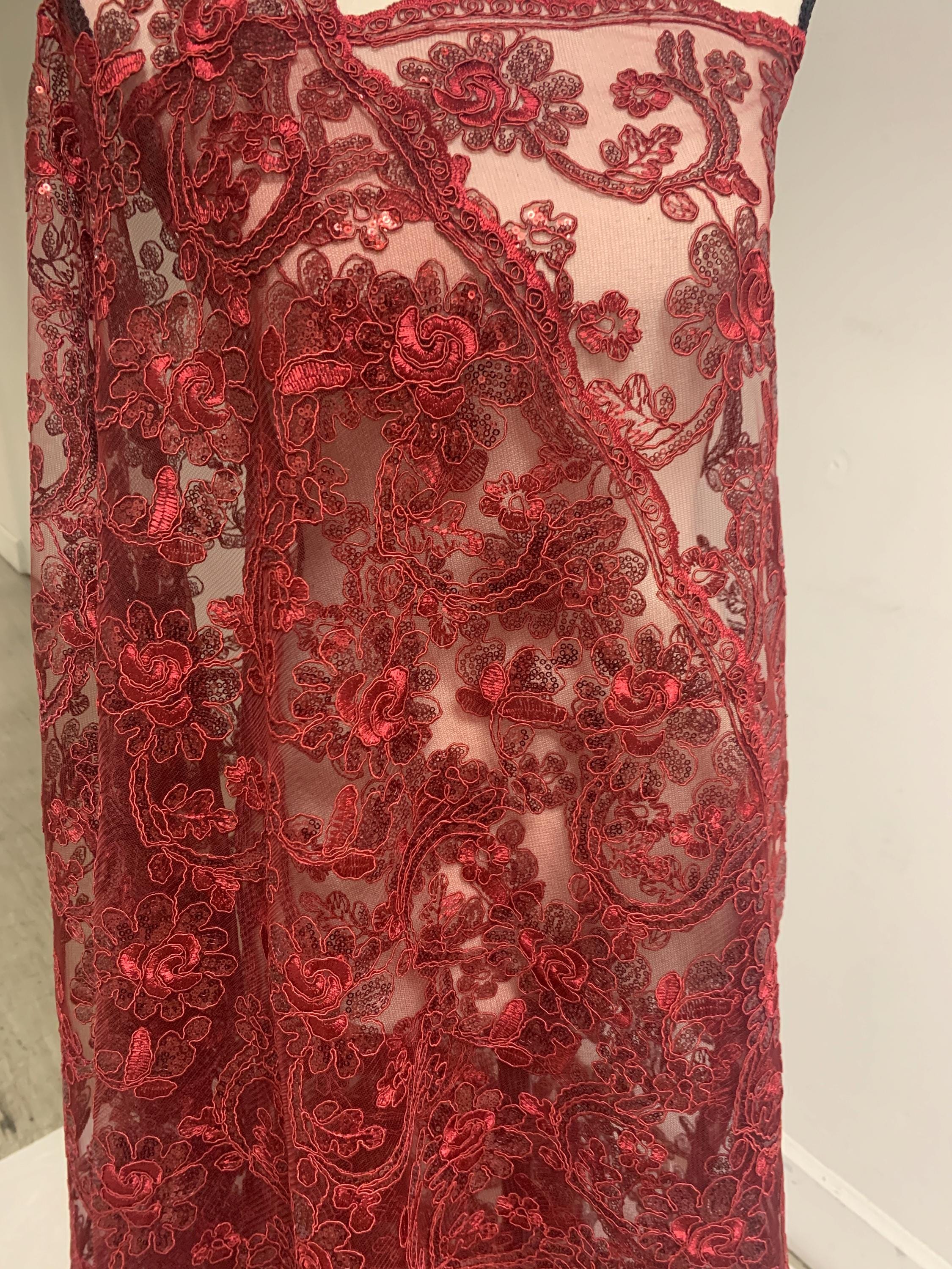 3-yard Burgundy-colored lace fabric design named Angela, sequins and intricate embroidery with double scalloped edges. Width 49/50"