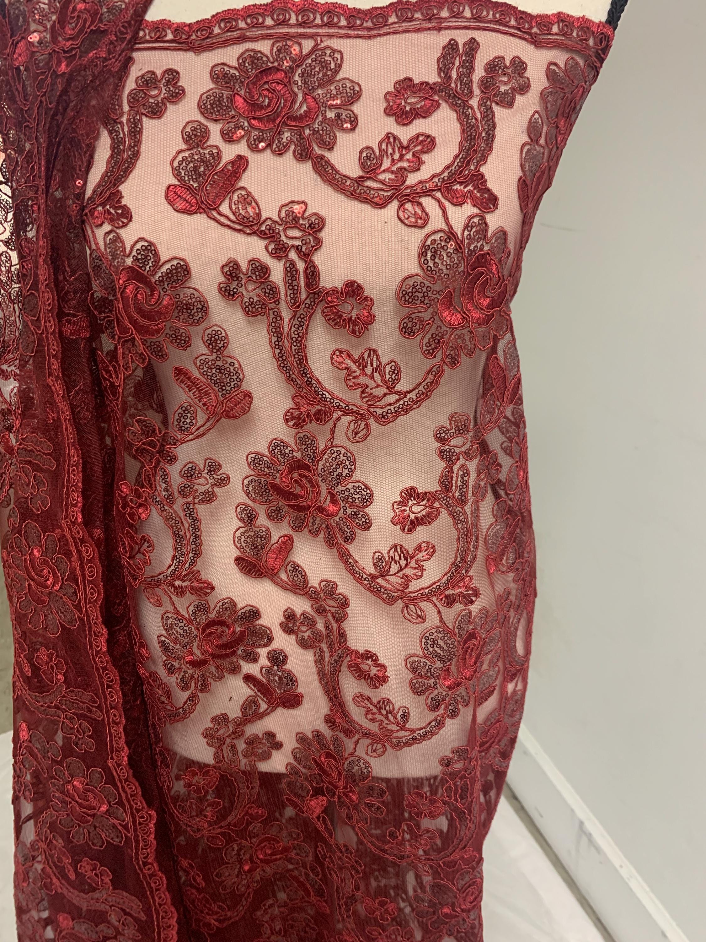 3-yard Burgundy-colored lace fabric design named Angela, sequins and intricate embroidery with double scalloped edges. Width 49/50"