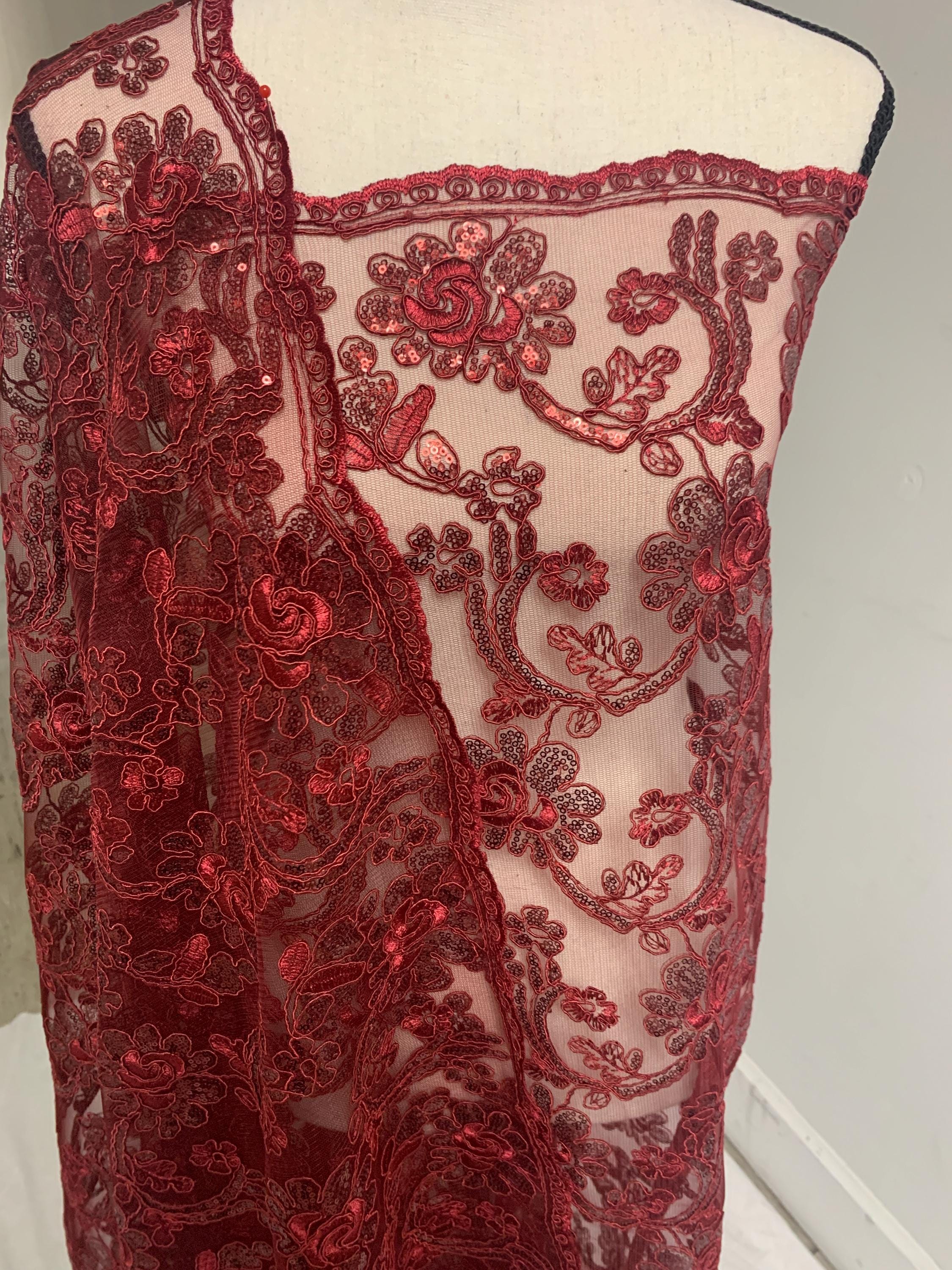 3-yard Burgundy-colored lace fabric design named Angela, sequins and intricate embroidery with double scalloped edges. Width 49/50"