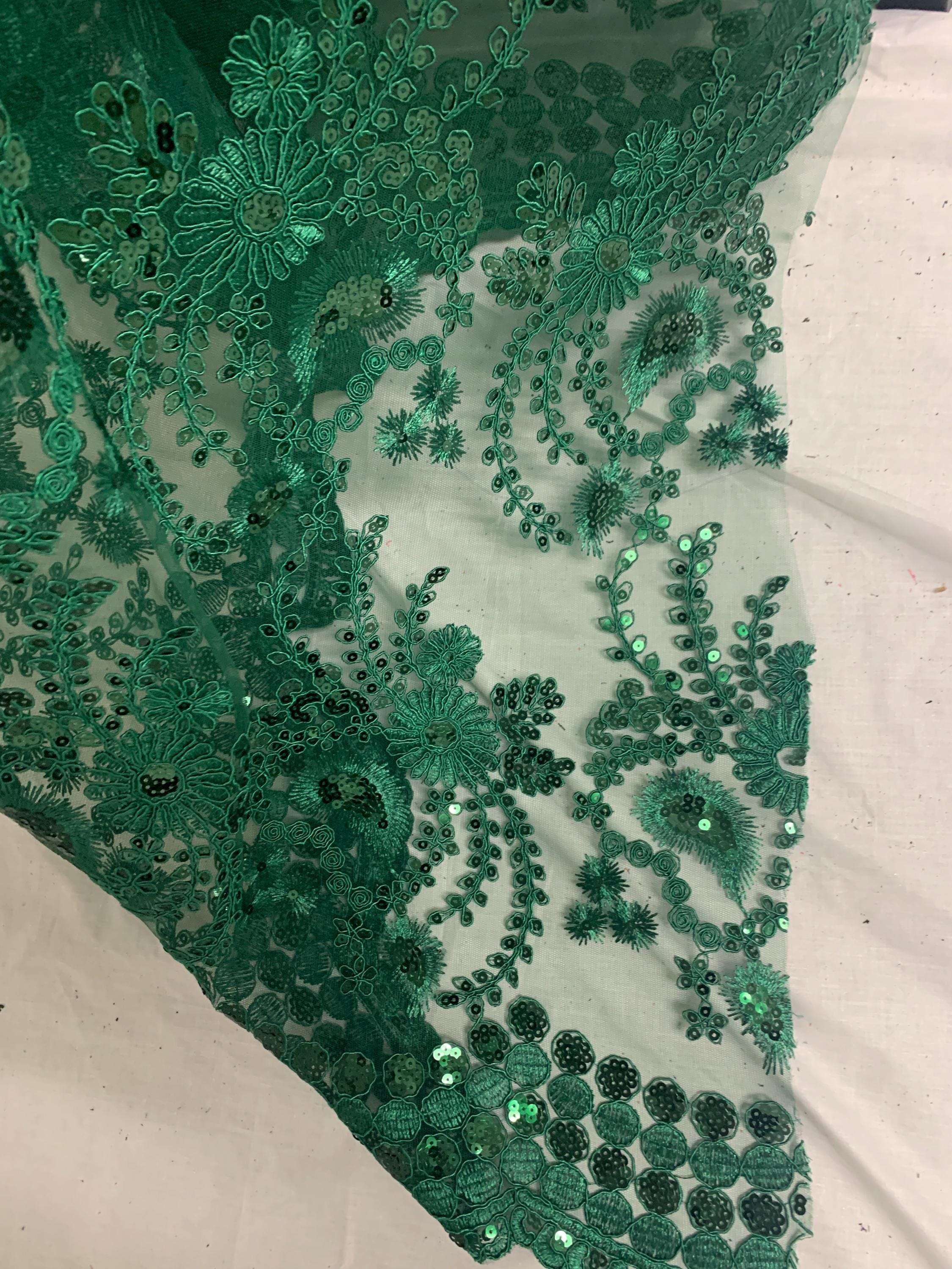 Hunter green lace fabrics design Lexie, Sequins embroidery double scalloped fabric width 50 inches