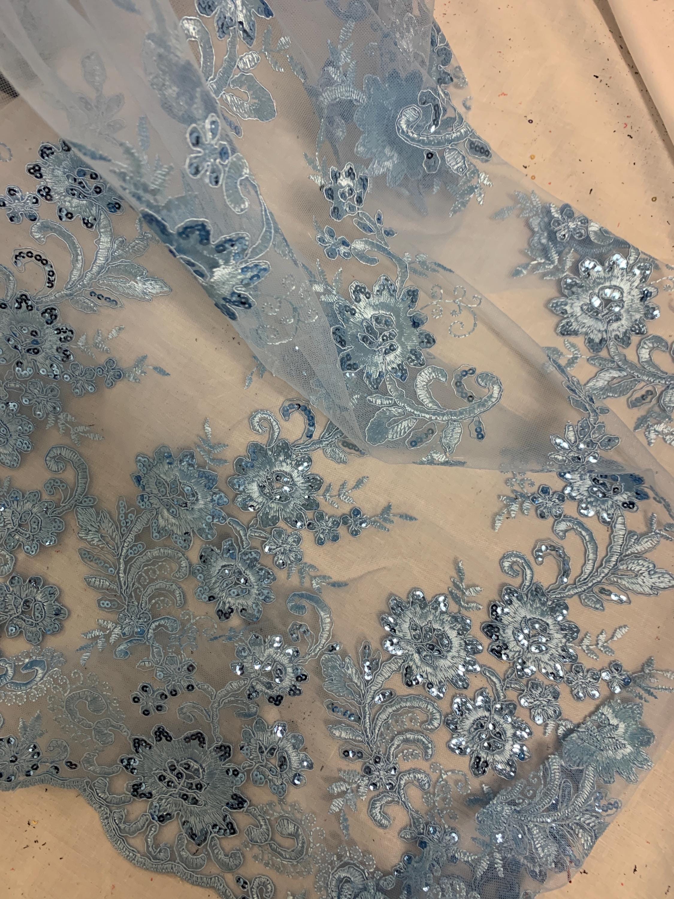 Lace fabric Lt. Blue Double scalloped sequence embroidered width 49/50". condition New. Design Eu 230325 016.