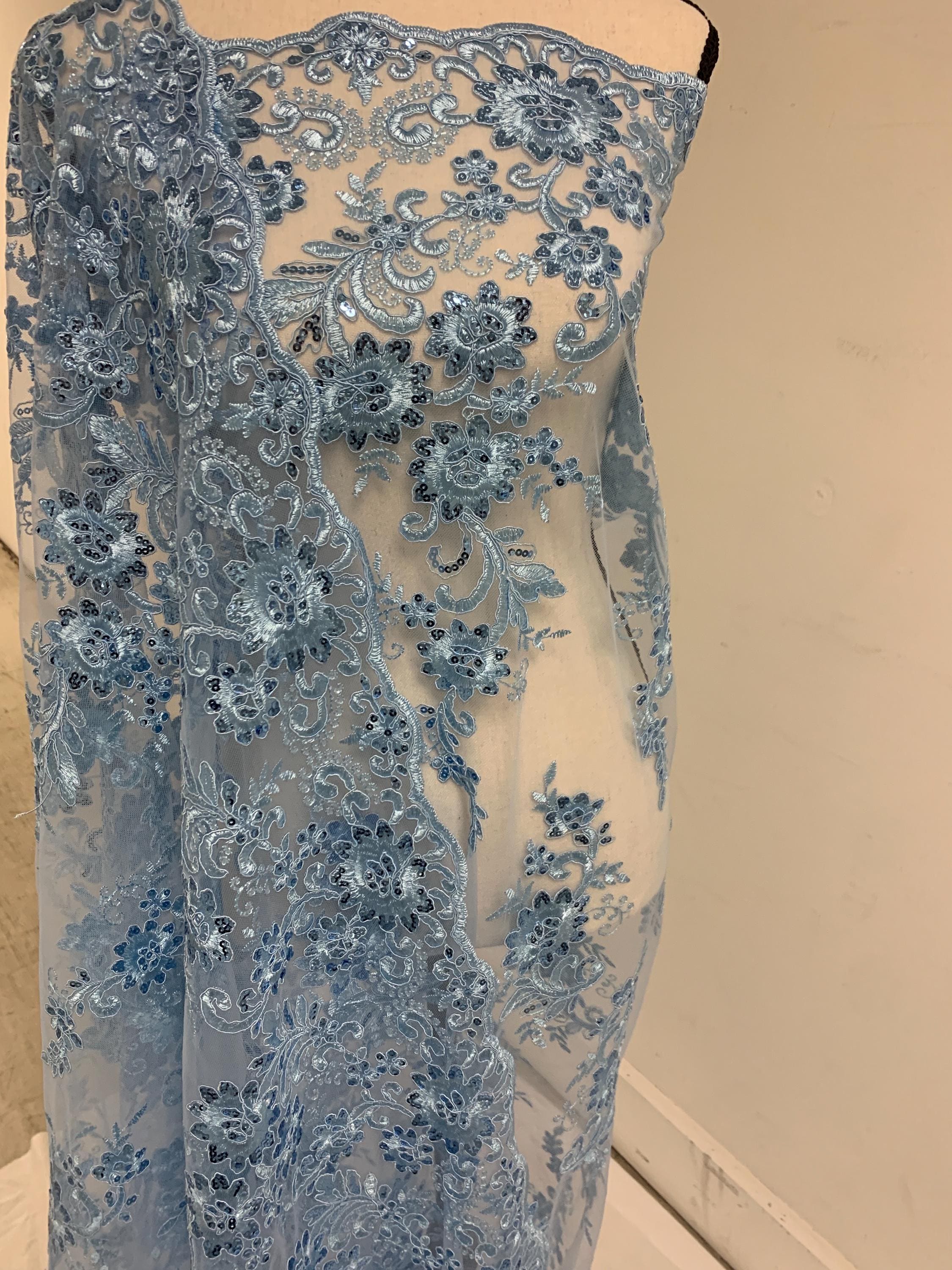 Lace fabric Lt. Blue Double scalloped sequence embroidered width 49/50". condition New. Design Eu 230325 016.