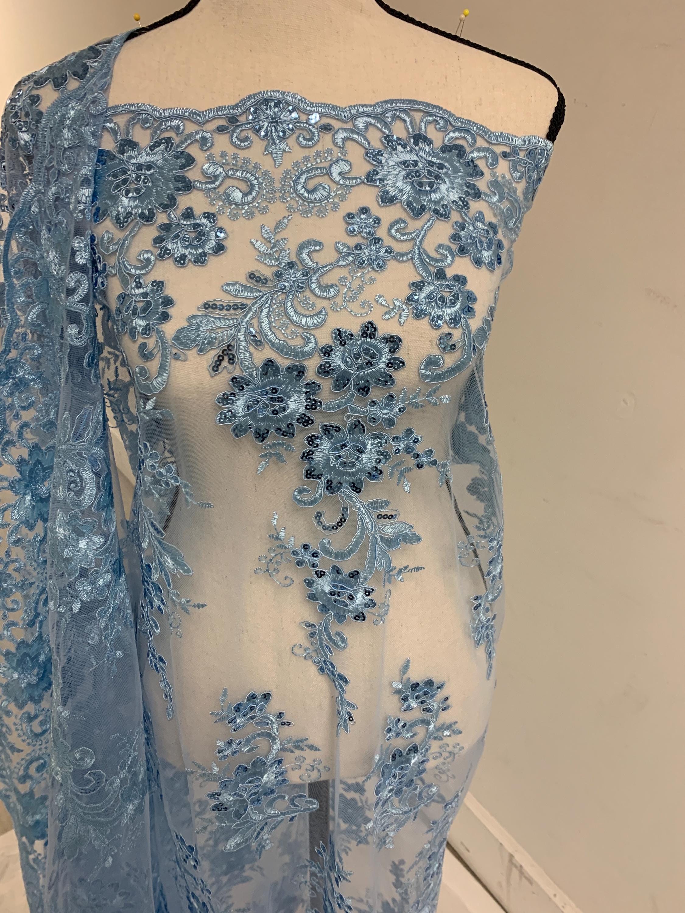 Lace fabric Lt. Blue Double scalloped sequence embroidered width 49/50". condition New. Design Eu 230325 016.