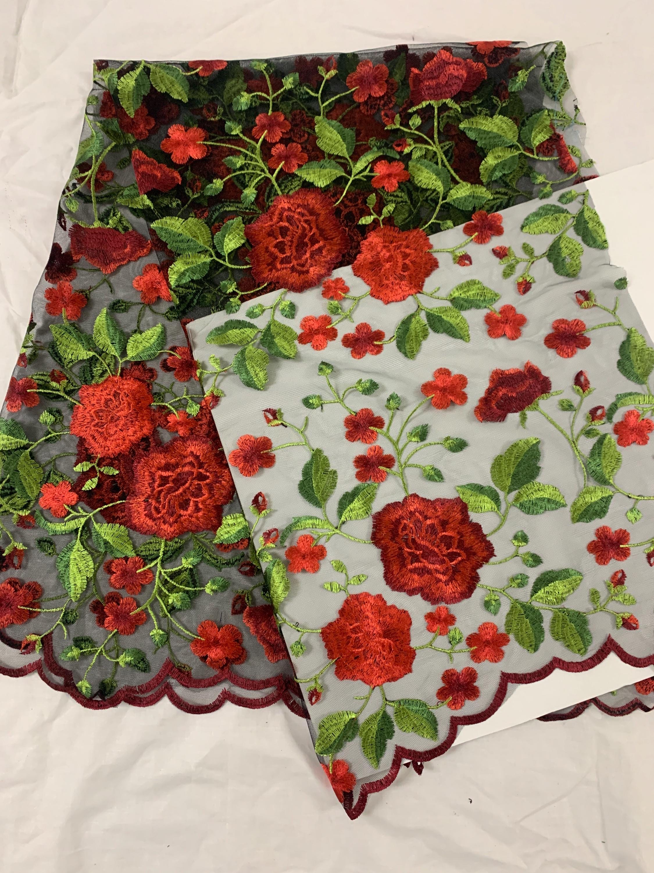 Floral Embroidery Mesh Lace, width 49/50" red rose embroidery on black mesh fabric, Sells in 1-yard increments, continuous.