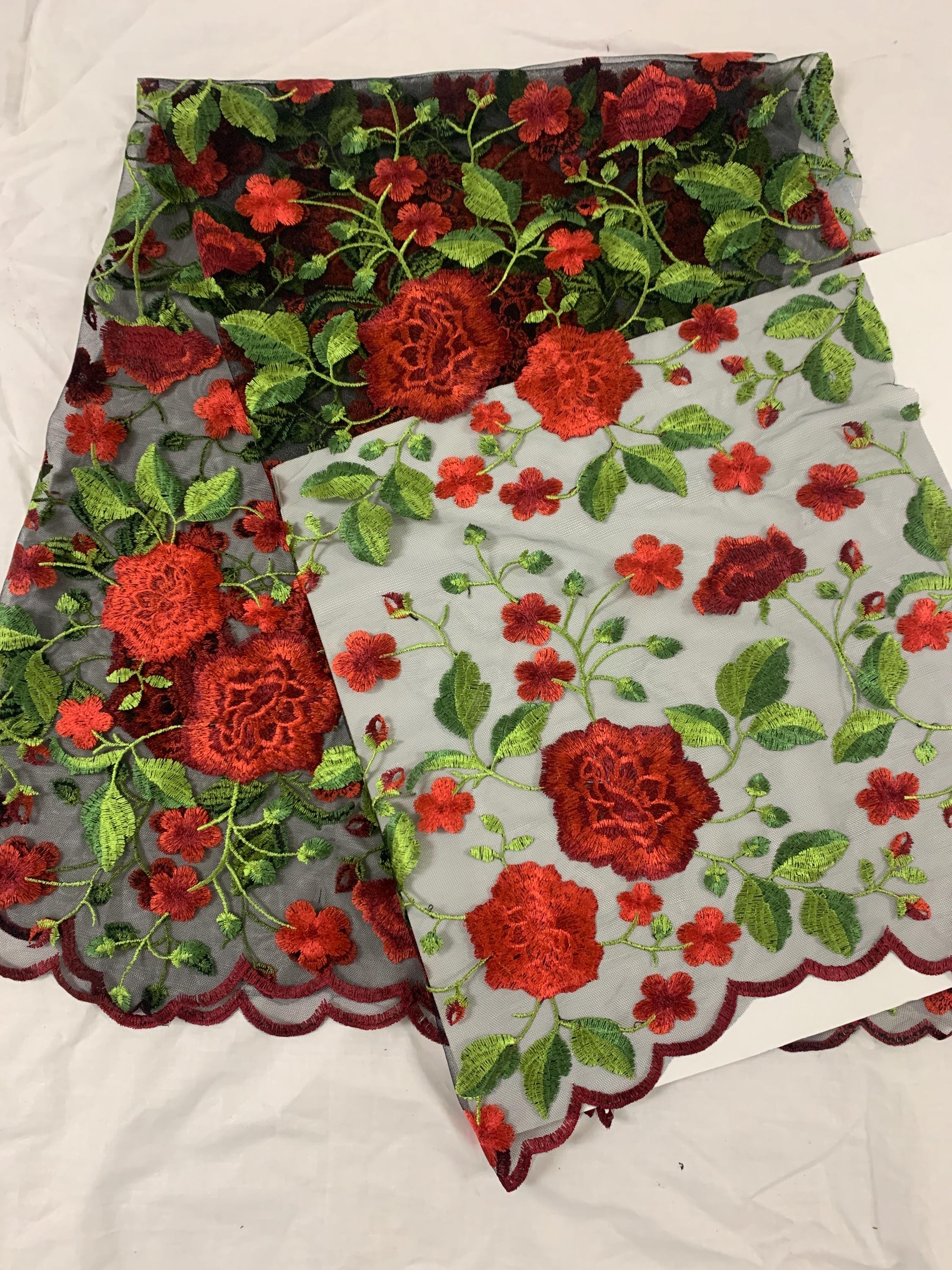 Floral Embroidery Mesh Lace, width 49/50" red rose embroidery on black mesh fabric, Sells in 1-yard increments, continuous.