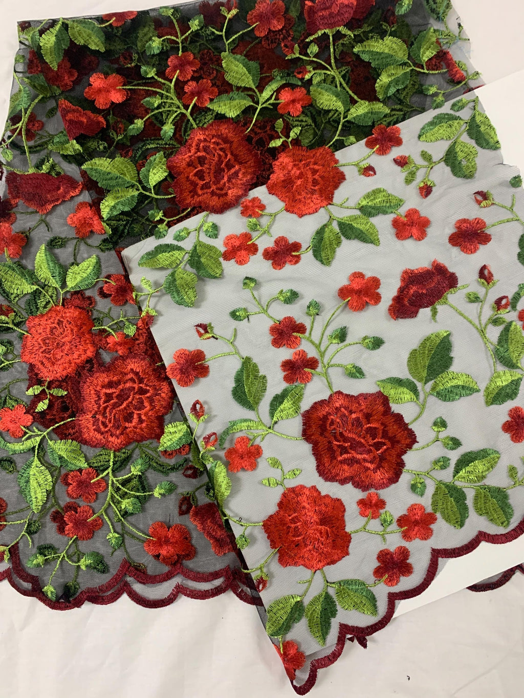 3 yards floral Embroidery Mesh Lace, width 49/50" red rose embroidery on black mesh fabric