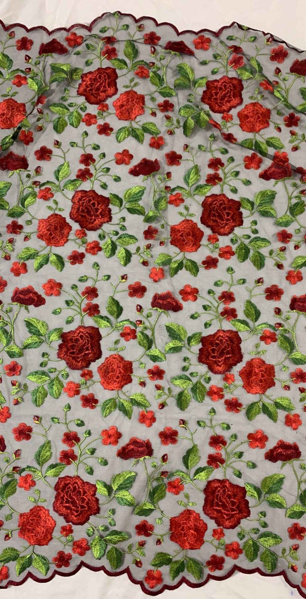 Floral Embroidery Mesh Lace, width 49/50" red rose embroidery on black mesh fabric, Sells in 1-yard increments, continuous.