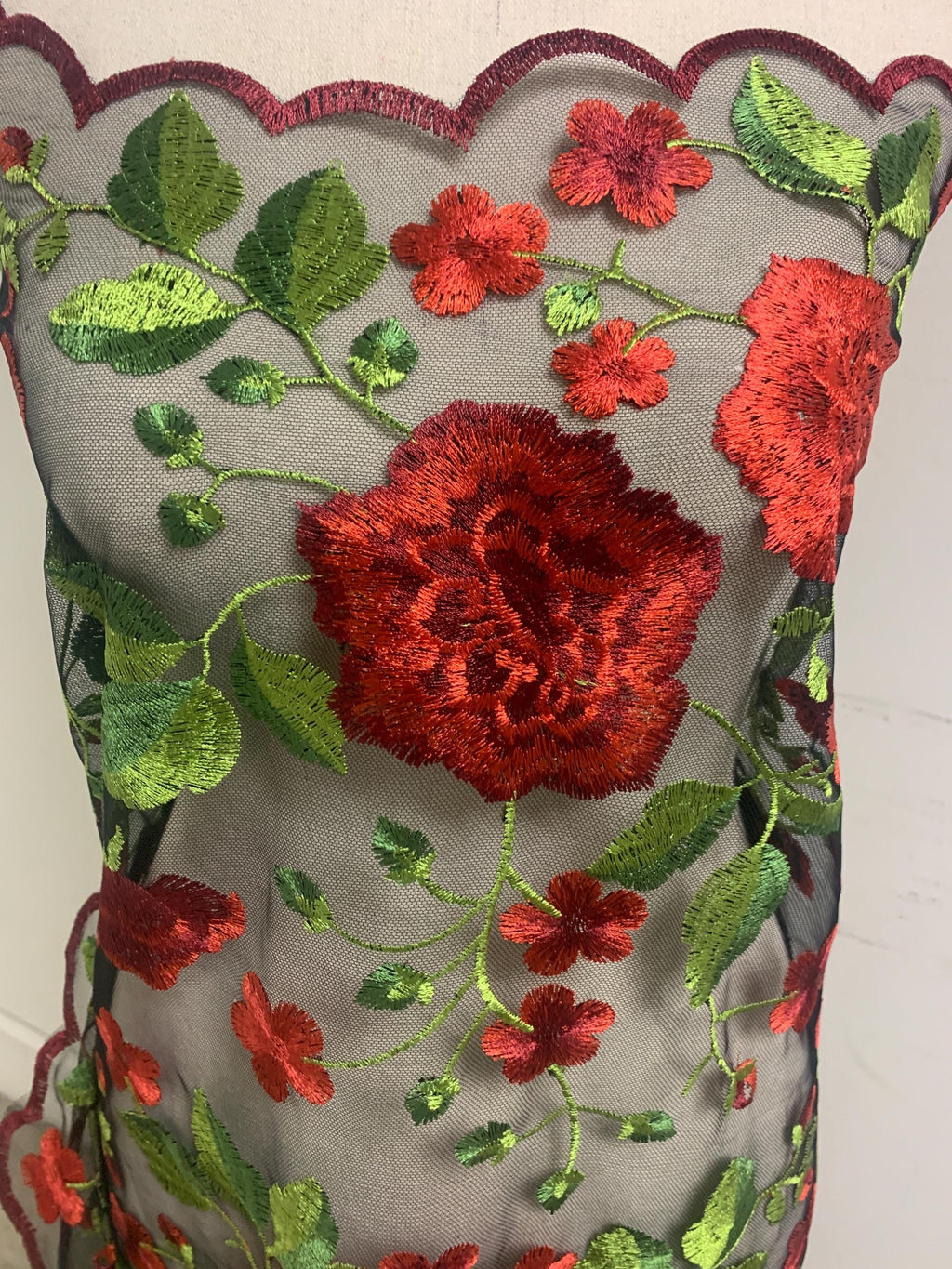 Lace Floral Embroidery on Mesh - Black Red - 49" Width