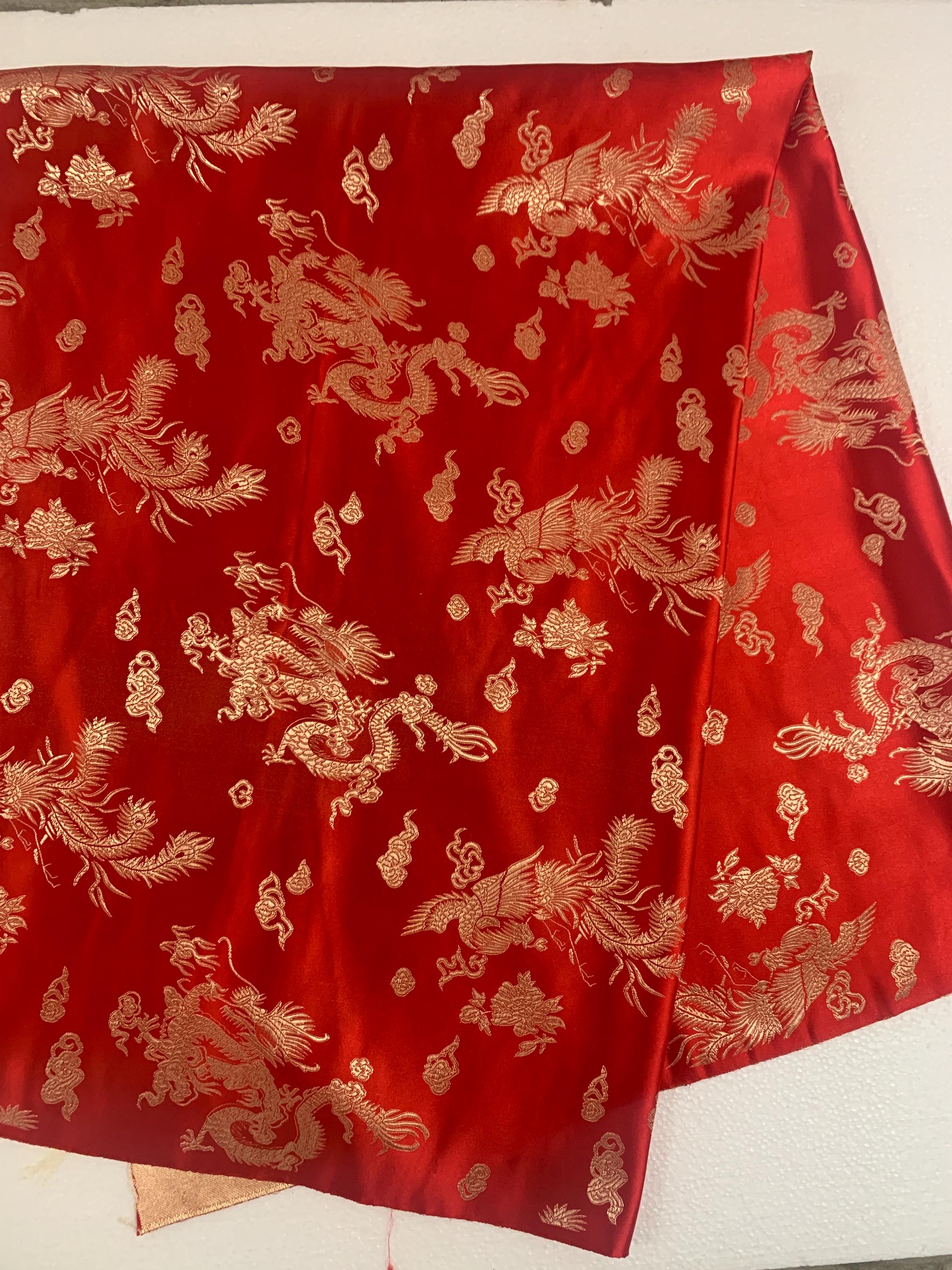 Chinese Brocade Fabric, small dragon design color RED, 54/56" wise sell by 1 yard increment.