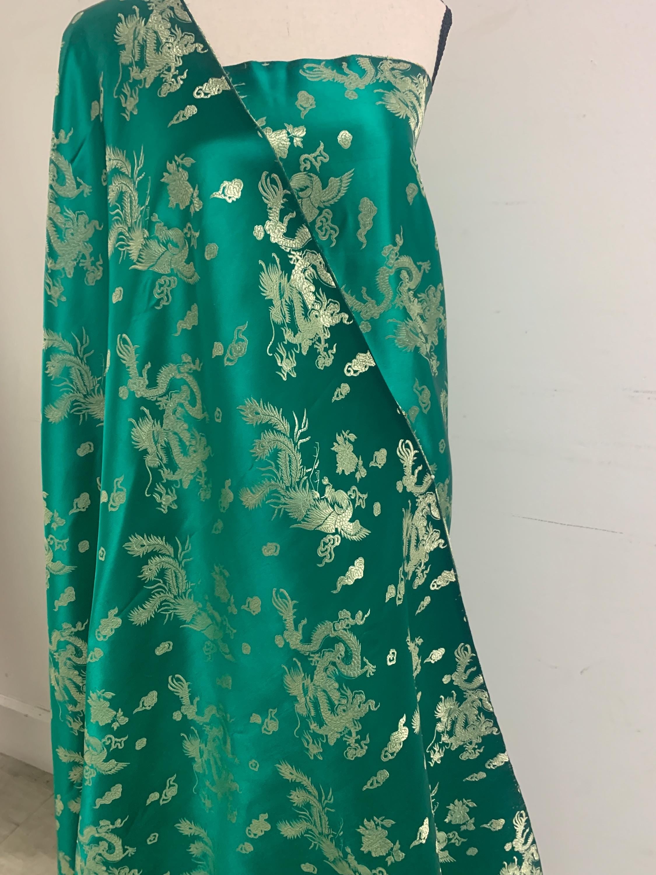 Chinese Brocade Fabric, small dragon design color emerald green , 54/56" wise sell by 1 yard increment.
