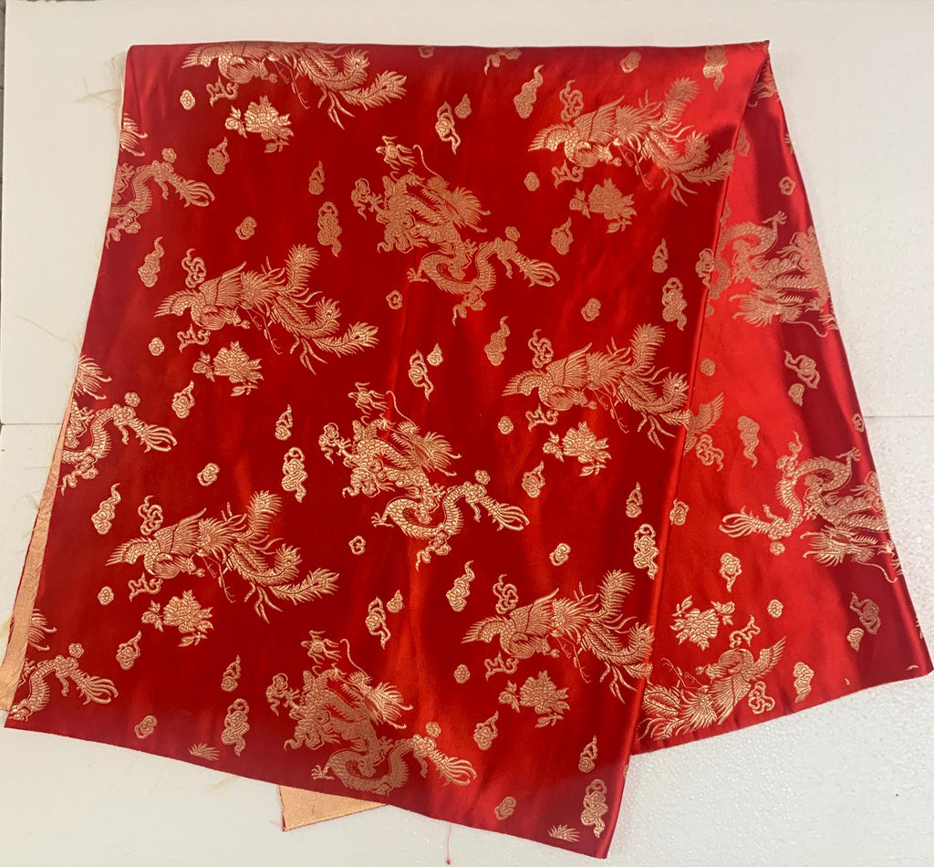 Chinese Brocade Fabric, small dragon design color RED, 54/56" wise sell by 1 yard increment.