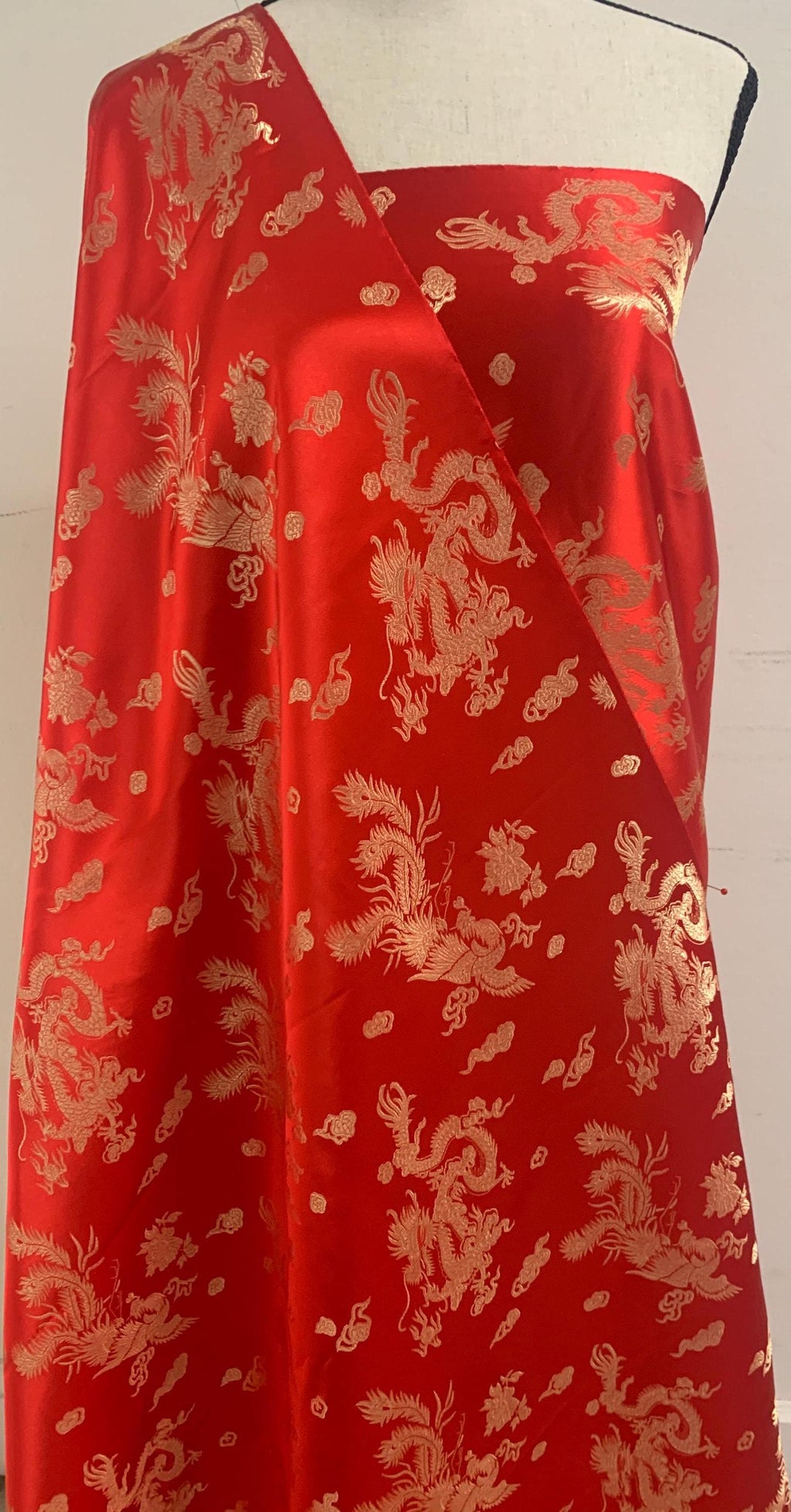 Chinese Brocade Fabric, small dragon design color RED, 54/56" wise sell by 1 yard increment.