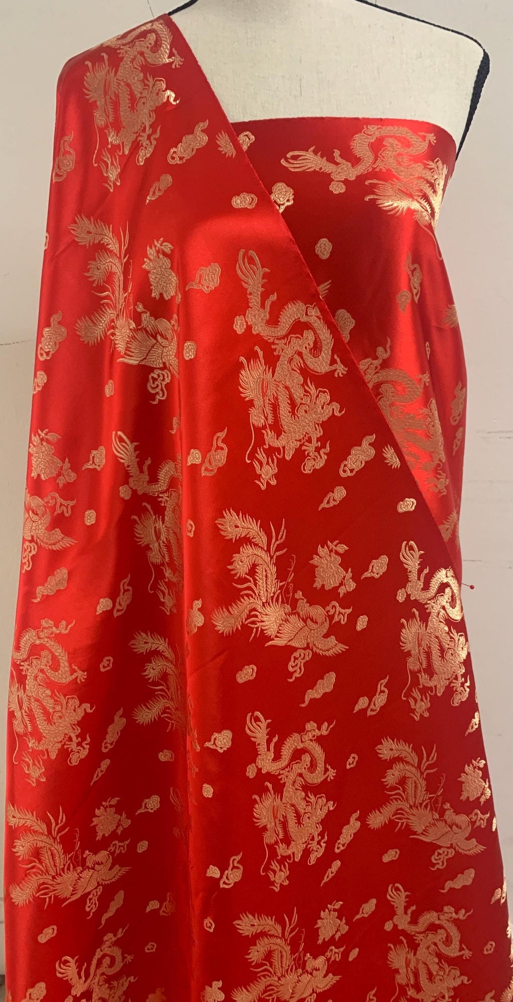 Chinese Brocade Fabric, small dragon design color RED, 54/56" wise sell by 1 yard increment.
