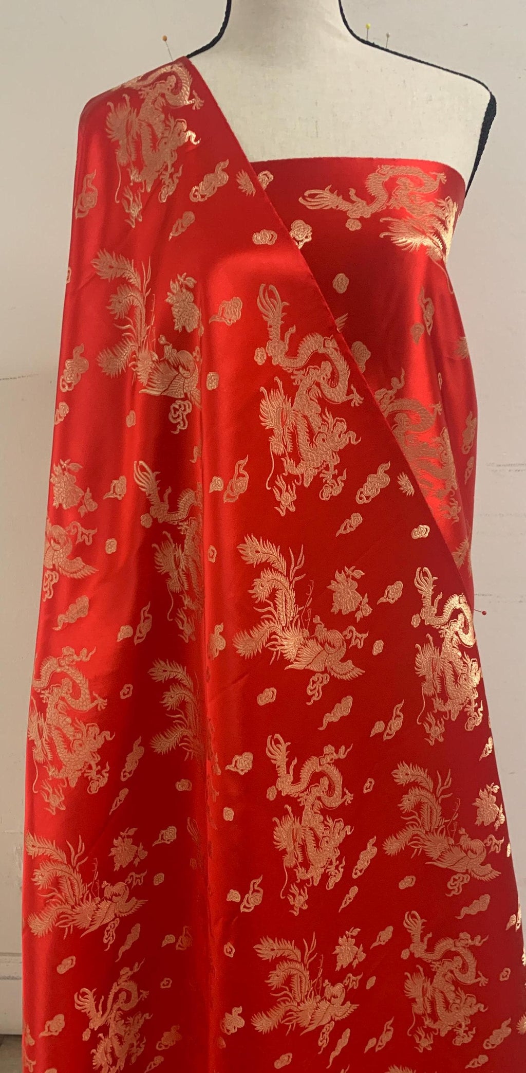 Chinese Brocade Fabric, small dragon design color RED, 54/56" wise sell by 1 yard increment.