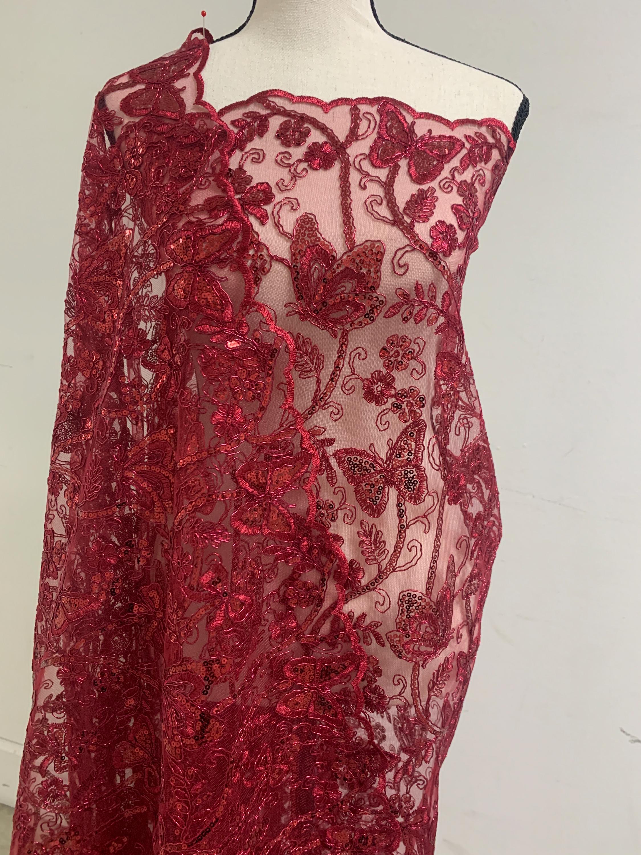 3 Yards Burgundy Lace fabric design Butterfly double scalloped sequins embroidery width 49/50".100% polyester.