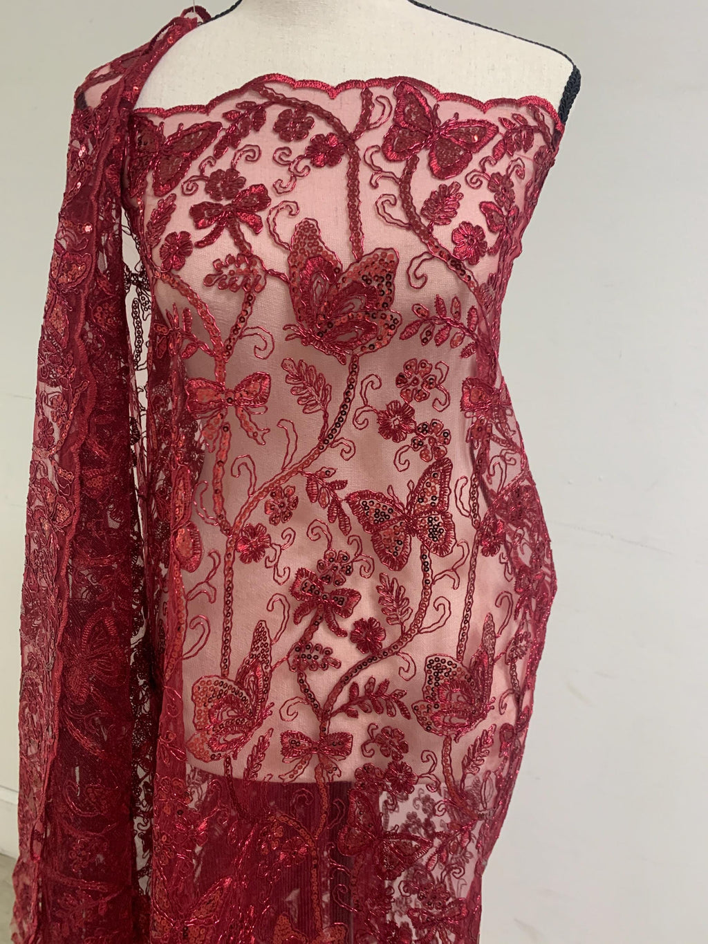 3 Yards Burgundy Lace fabric design Butterfly double scalloped sequins embroidery width 49/50".100% polyester.