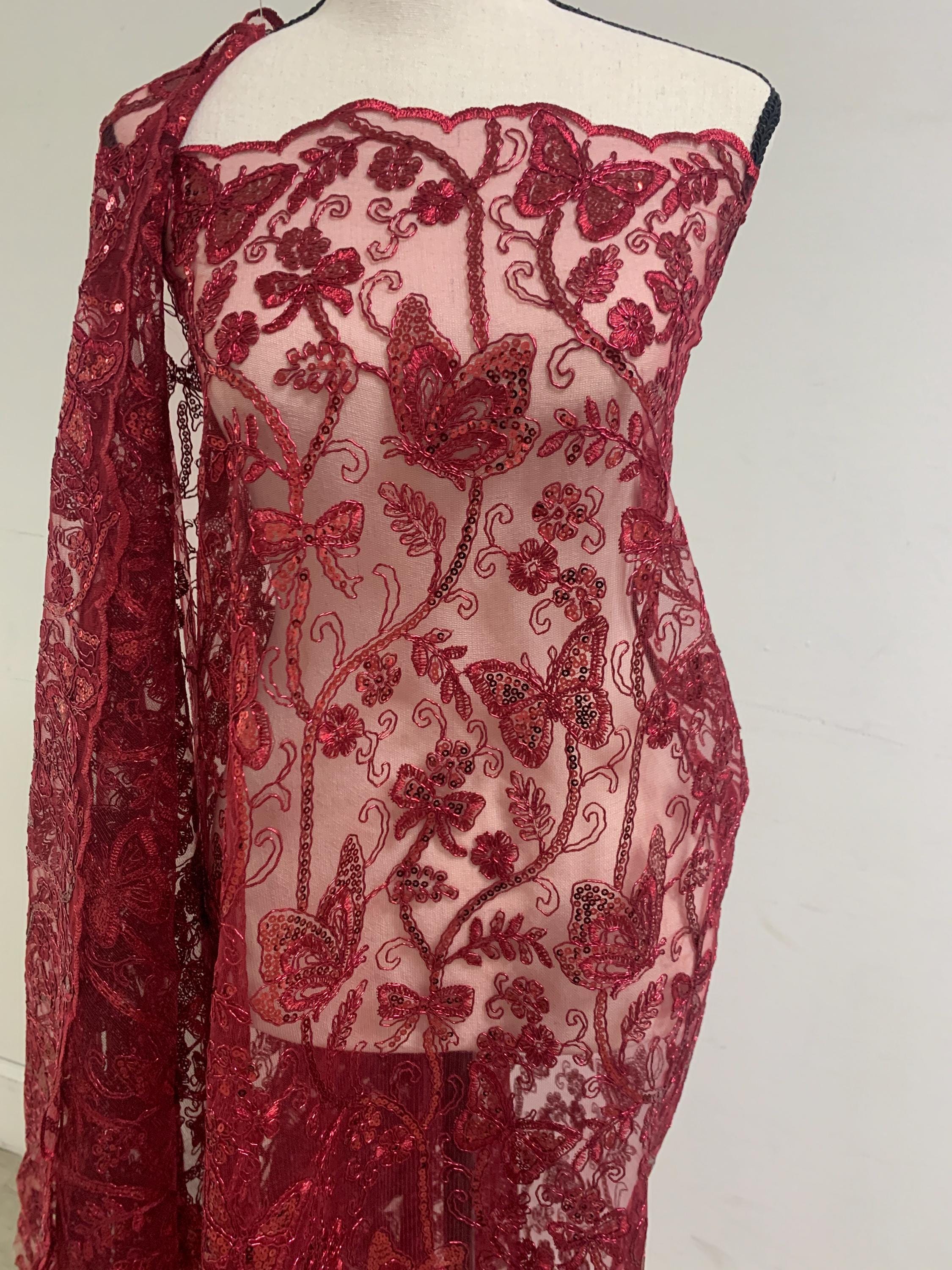 3 Yards Burgundy Lace fabric design Butterfly double scalloped sequins embroidery width 49/50".100% polyester.