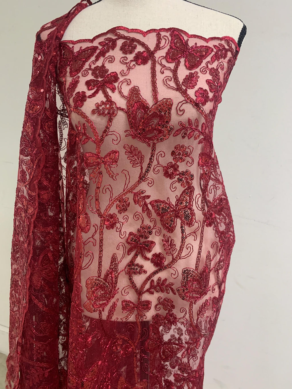 3 Yards Burgundy Lace fabric design Butterfly double scalloped sequins embroidery width 49/50".100% polyester.