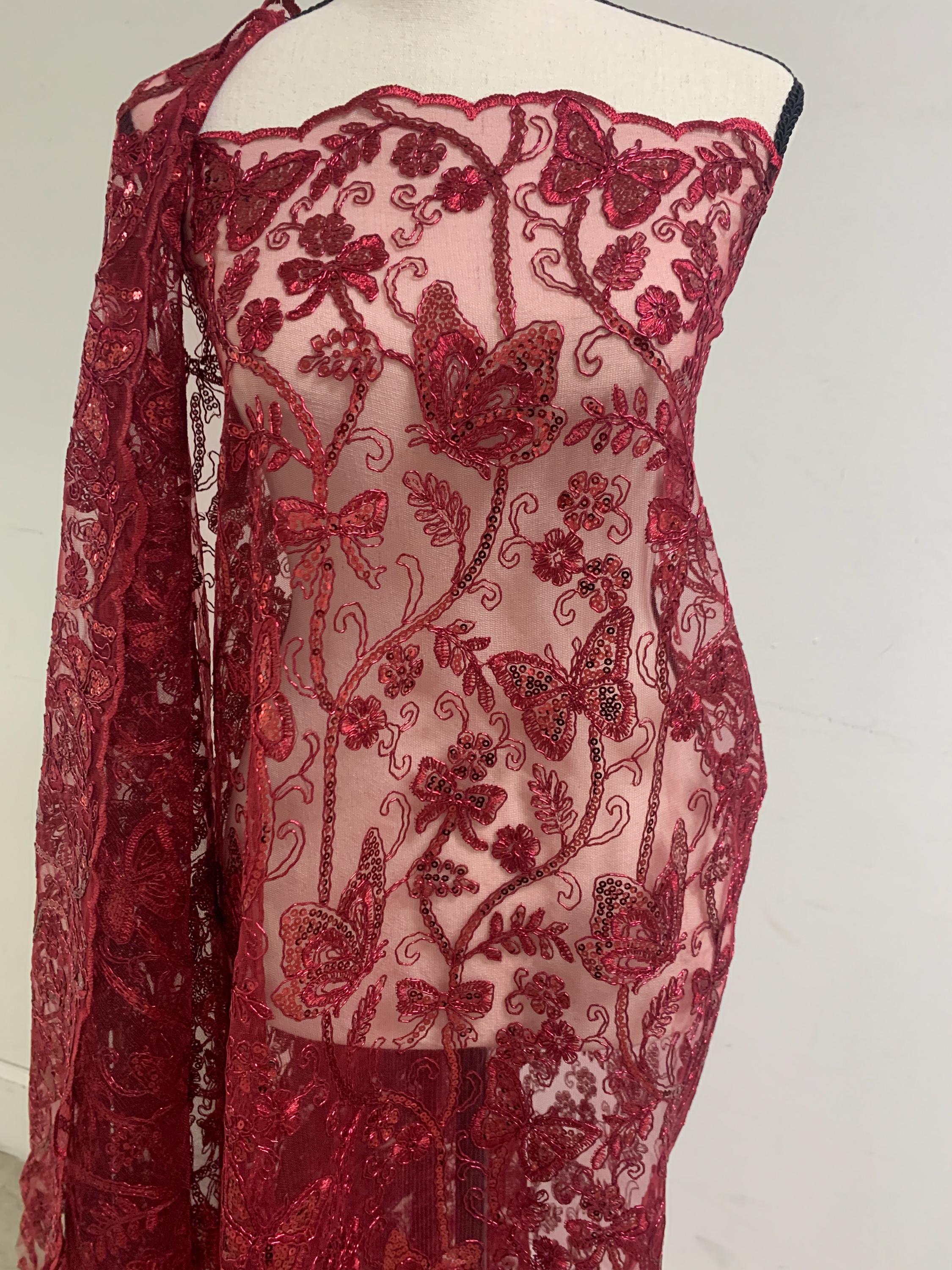 3 Yards Burgundy Lace fabric design Butterfly double scalloped sequins embroidery width 49/50".100% polyester.