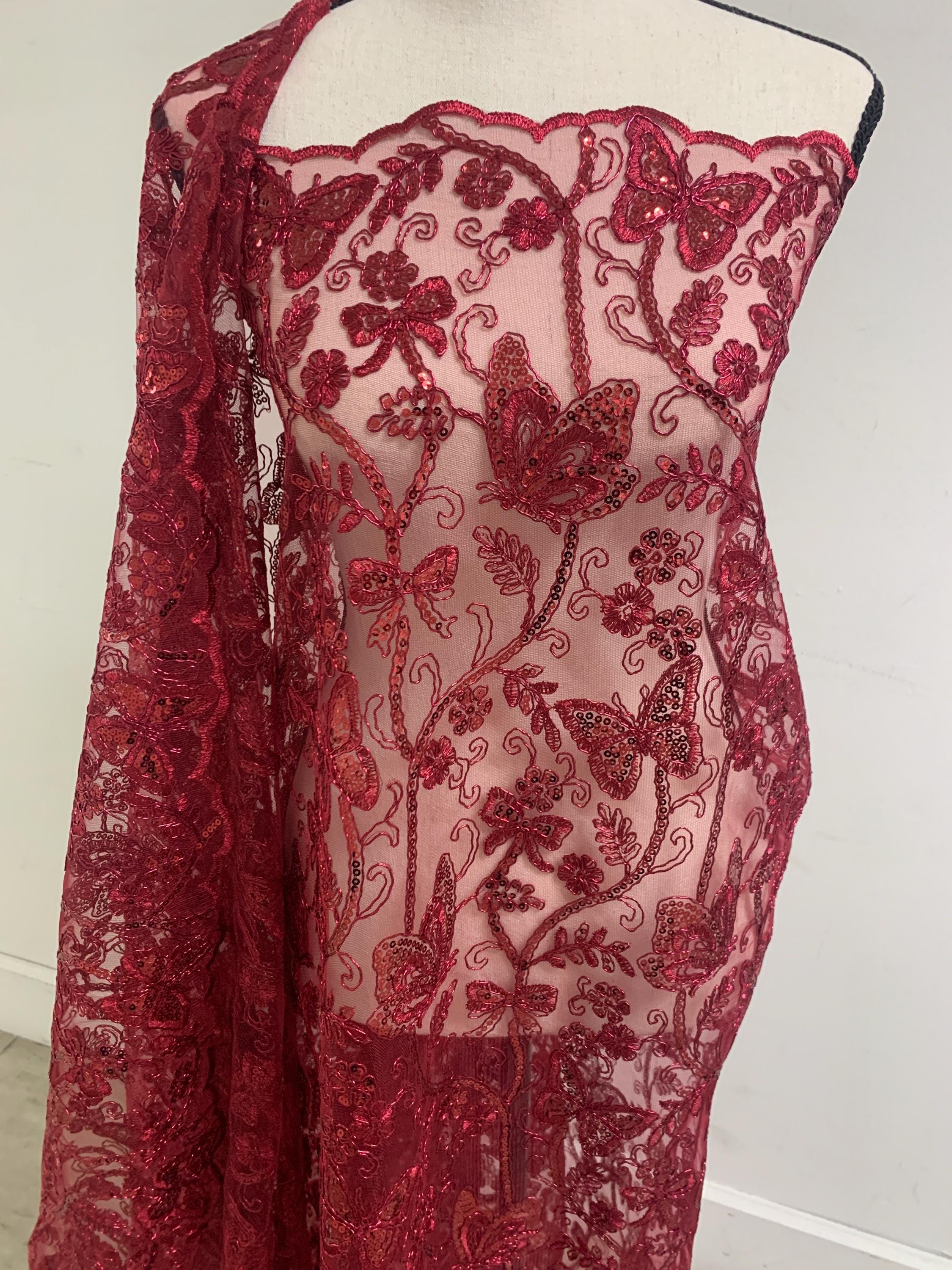 3 Yards Burgundy Lace fabric design Butterfly double scalloped sequins embroidery width 49/50".100% polyester.